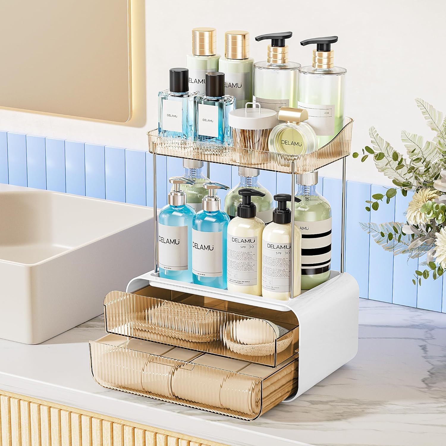 Delamu Bathroom Counter Organizer 2-Drawers 2-Tier Acrylic Makeup Organizer for Vanity Countertop, Skincare Perfume Storage, Easy Assembly, Ideal Gift for Women, Bath Linen Sets, Amber