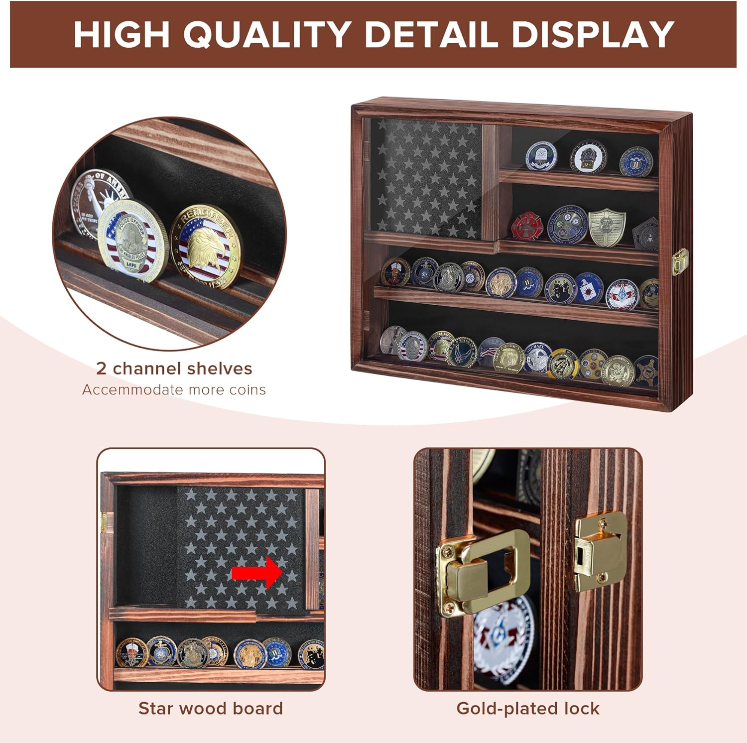Private Label Challenge Coin Display Case, Lockable Military Coin Holder Cabinet with Removable Star Board and Anti-Fade Acrylic Door, Solid Wood Wall Mount Coins Collection Rack Stand Custom Mold Development