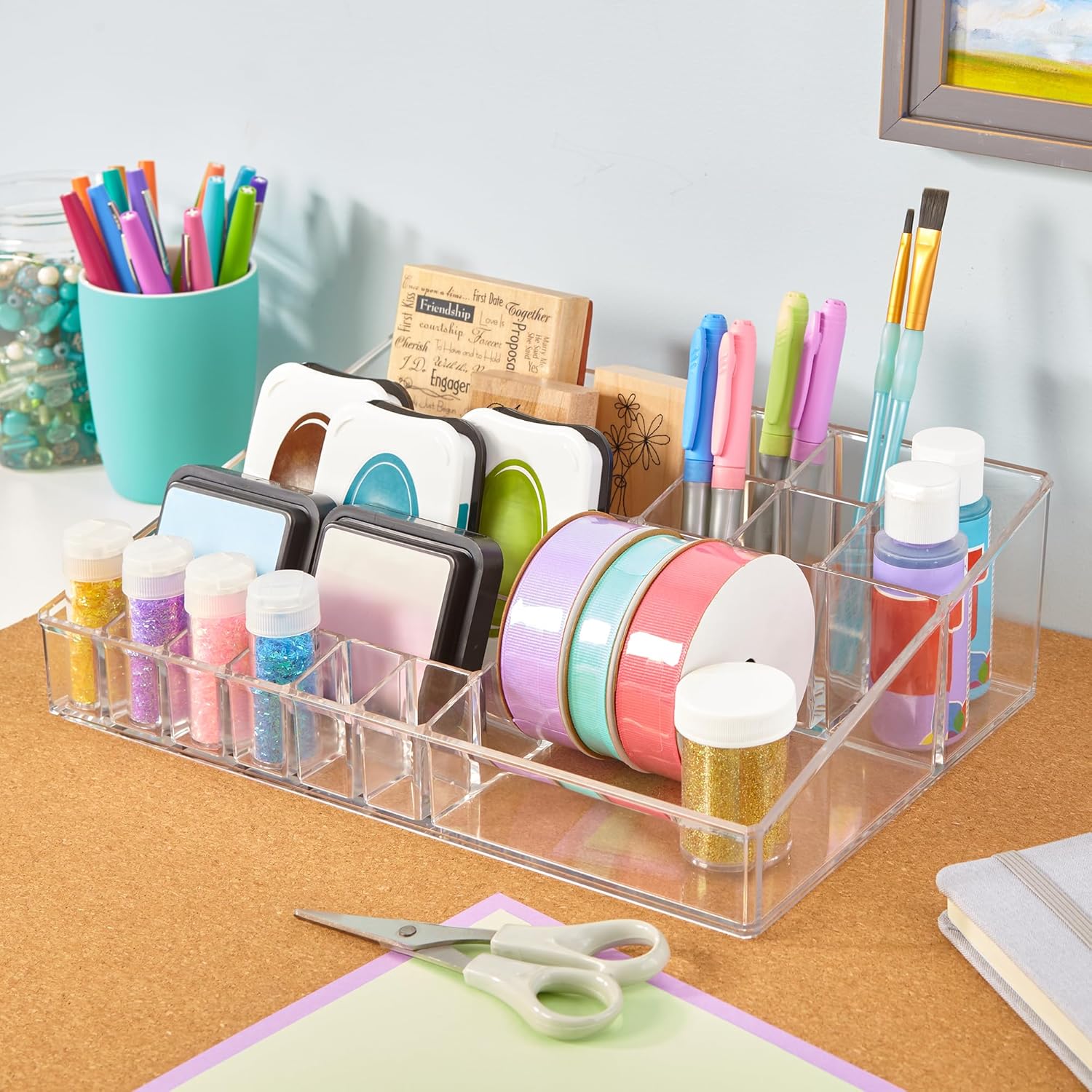 Private Label STORi Audrey Clear Vanity Makeup Organizer | 15-Compartment Holder for Brushes, Eyeshadow Palettes, & Beauty Supplies | Stacks on Audrey Storage Drawers | Made in USA Factory Direct Price