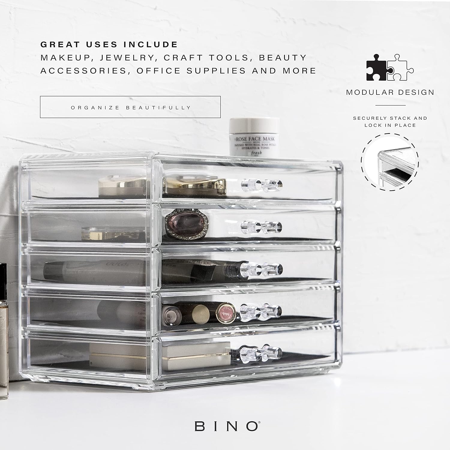 Direct Manufacturer BINO THE MANHATTAN SERIES Acrylic Makeup Drawer Organizer- 5 Drawers | Clear Beauty Organizers and Storage| Cosmetic & Makeup Drawer| Home Organization| Jewelry & Vanity Accessories Drawers Low MOQ