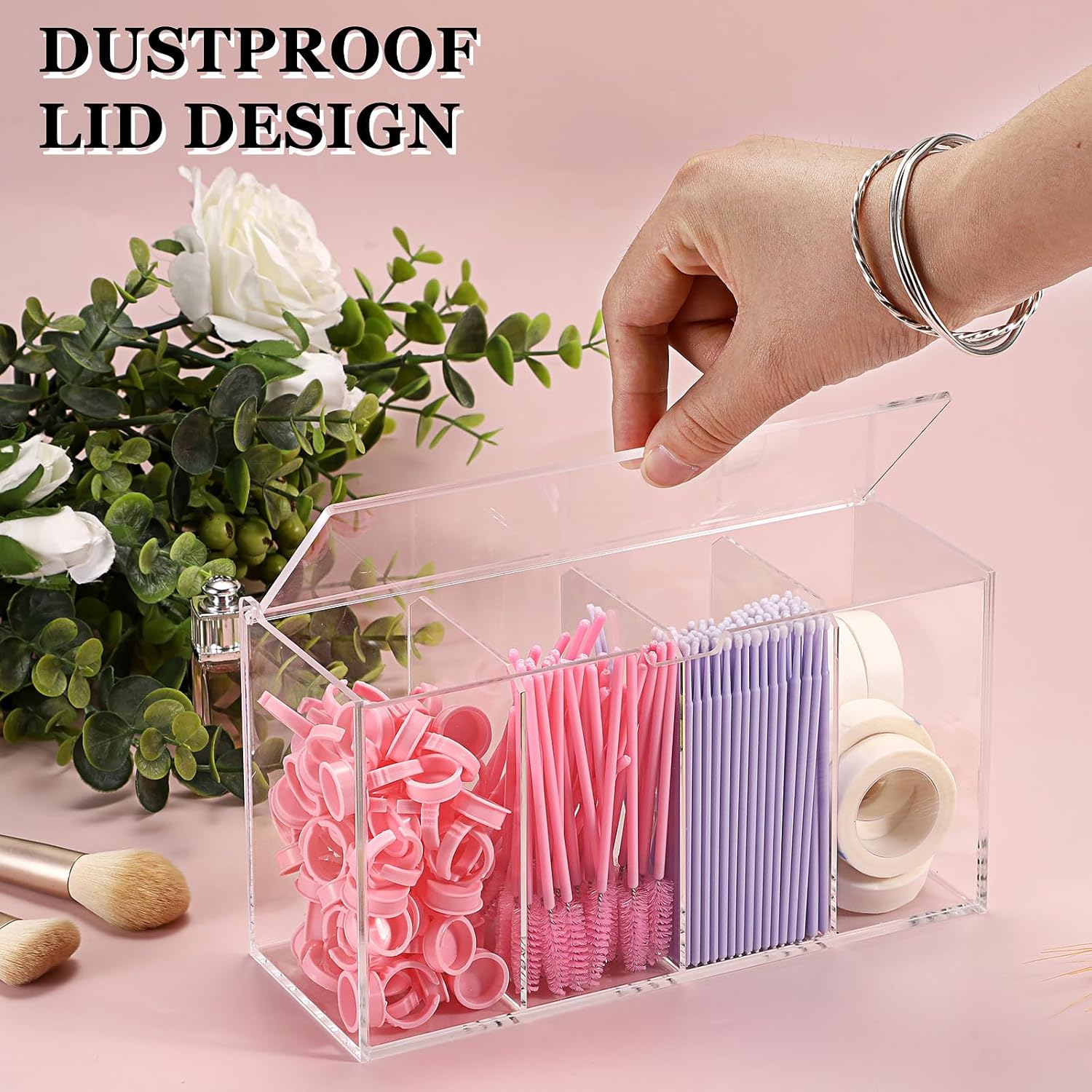 Private Label ELLDOO Lash Extension Organizer Box with Lid, Acrylic Eyelash Supplies Organizer Storage Box, 4 Compartments Bathroom Supplies Storage Container for Cotton Swabs, Balls, Pads, Floss Picks Custom Logo Service