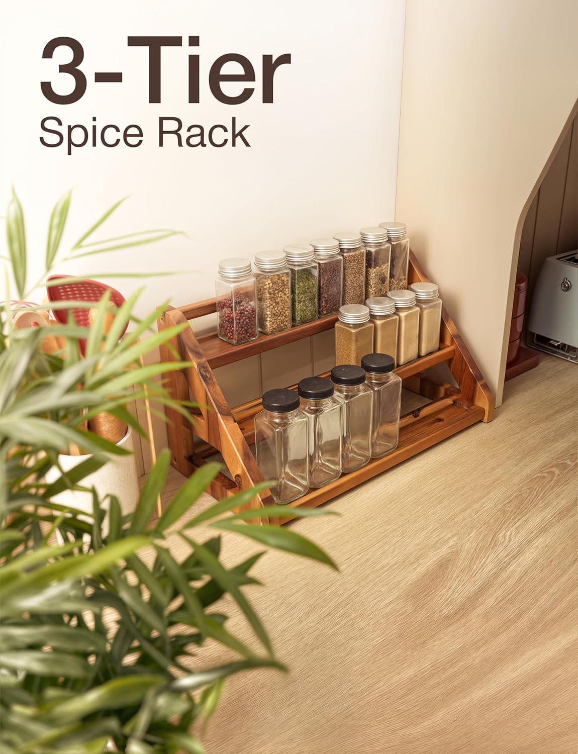Private Label Tinamo Acacia Wood Spice Rack for Countertop - Wooden Tray Holds 24 Jars Spice Racks Organizer for Storage Shelf - 3 Tiered Spice Rack Organizer for Cabinet - Spice Shelf for Kitchen Pantry (Acacia) Dropshipping Friendly