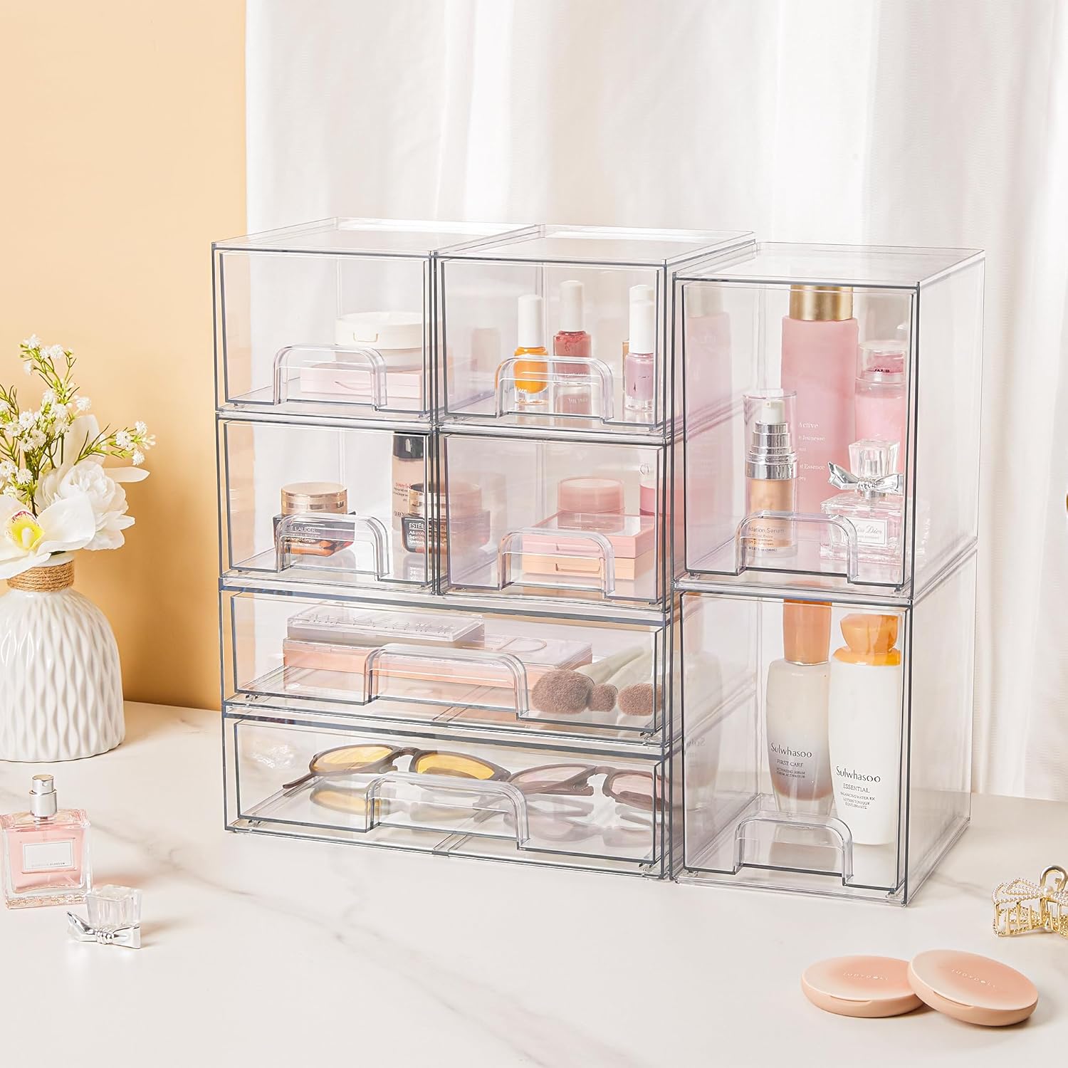 Private Label Vtopmart Stackable Storage Drawers Set of 3,Clear Plastic Organizer Bins for Makeup, Cosmetics, Beauty Supplies,Ideal for Vanity, Bathroom,Cabinet,Pantry Organization Custom Logo Service