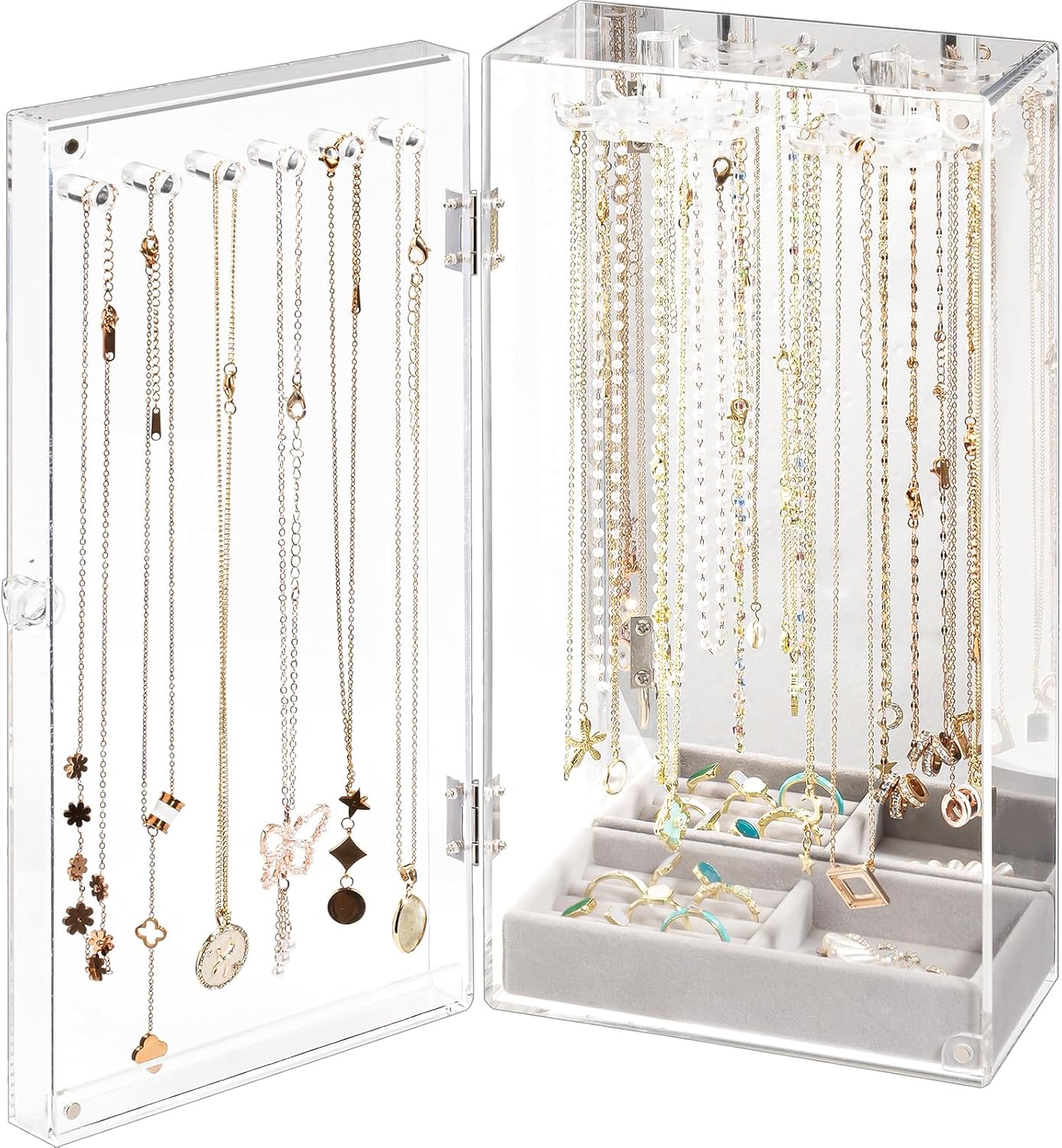 Lolalet Necklace Holder Organizer, Acrylic Jewelry Organizer with 24 Hooks, Rotating Clear Necklaces Display Box with Built-in Mirror, Dust-proof Jewelry Storage Case with Velvet Tray -Clearmirror