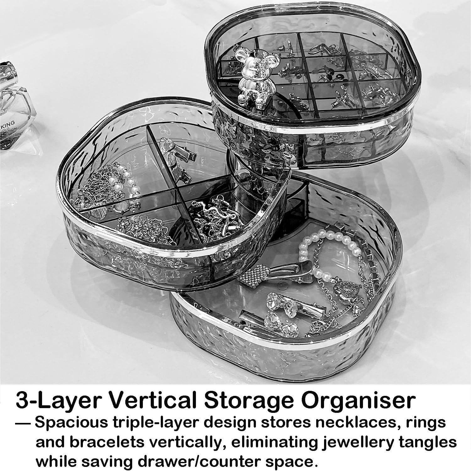 Direct Manufacturer Jewelry Organizer, 3 Layers Rotating Jewelry Box, Small Jewellery Box, Earring Holder with Lid for Earring Organizer, Various Compartments for Rings, Earrings, Necklace, Bracelets, Clear/Grey Low MOQ