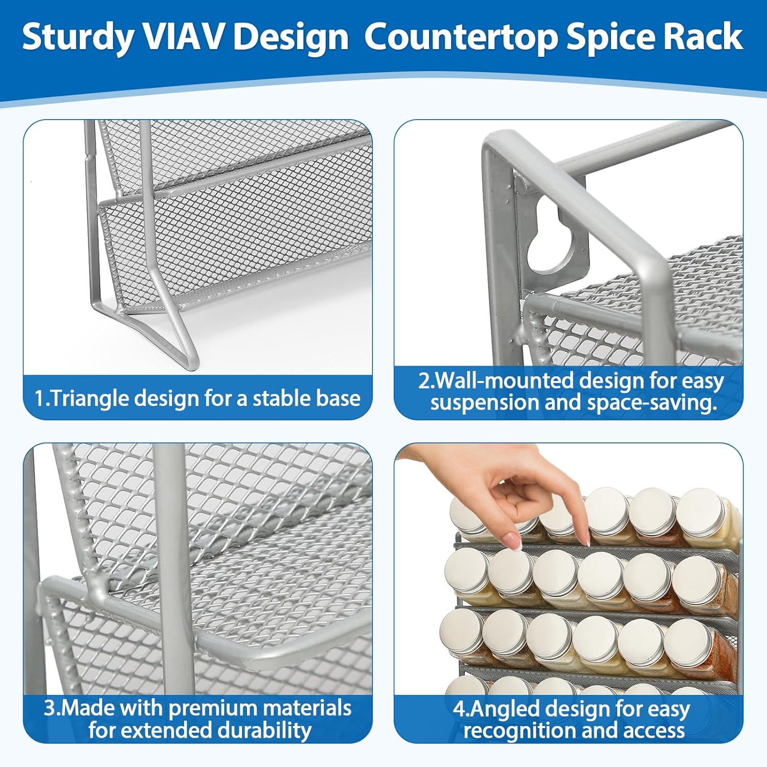 Private Label 2PCS 4Tier Spice Rack for Counter Free Standing,Spice Rack for Inside Cupboard Hanging Wall Mounted Spice Seasoning Organiser Spice Jars Bottle Organizer for Kitchen Pantry（Silver） Dropshipping Friendly
