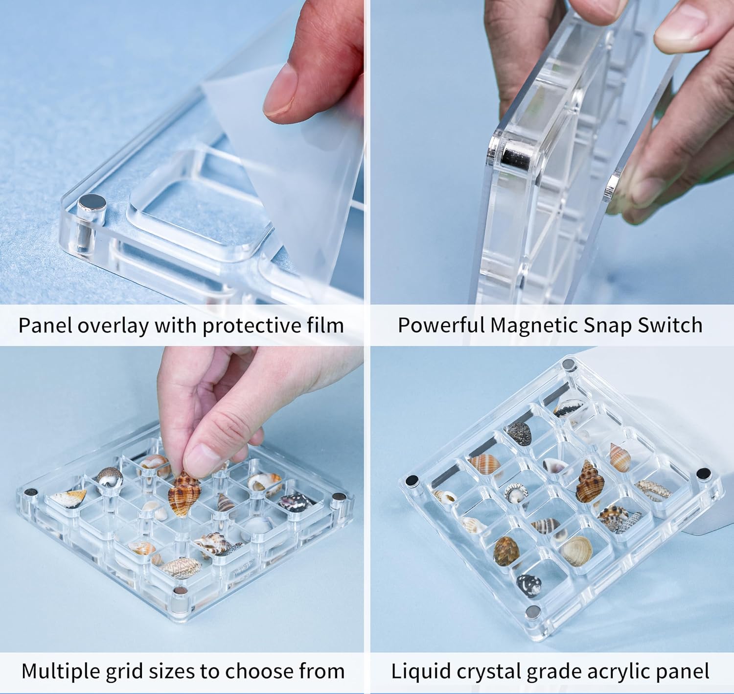 Direct Manufacturer Multi-Style Clear Acrylic Magnetic Seashell Display Collecting Box, Acrylic Shadow Box for Tiny Treasure Hunting Seashell Holder Display Grid Cabinet Case Box,Display Seashell Jewelry Crystal Low MOQ