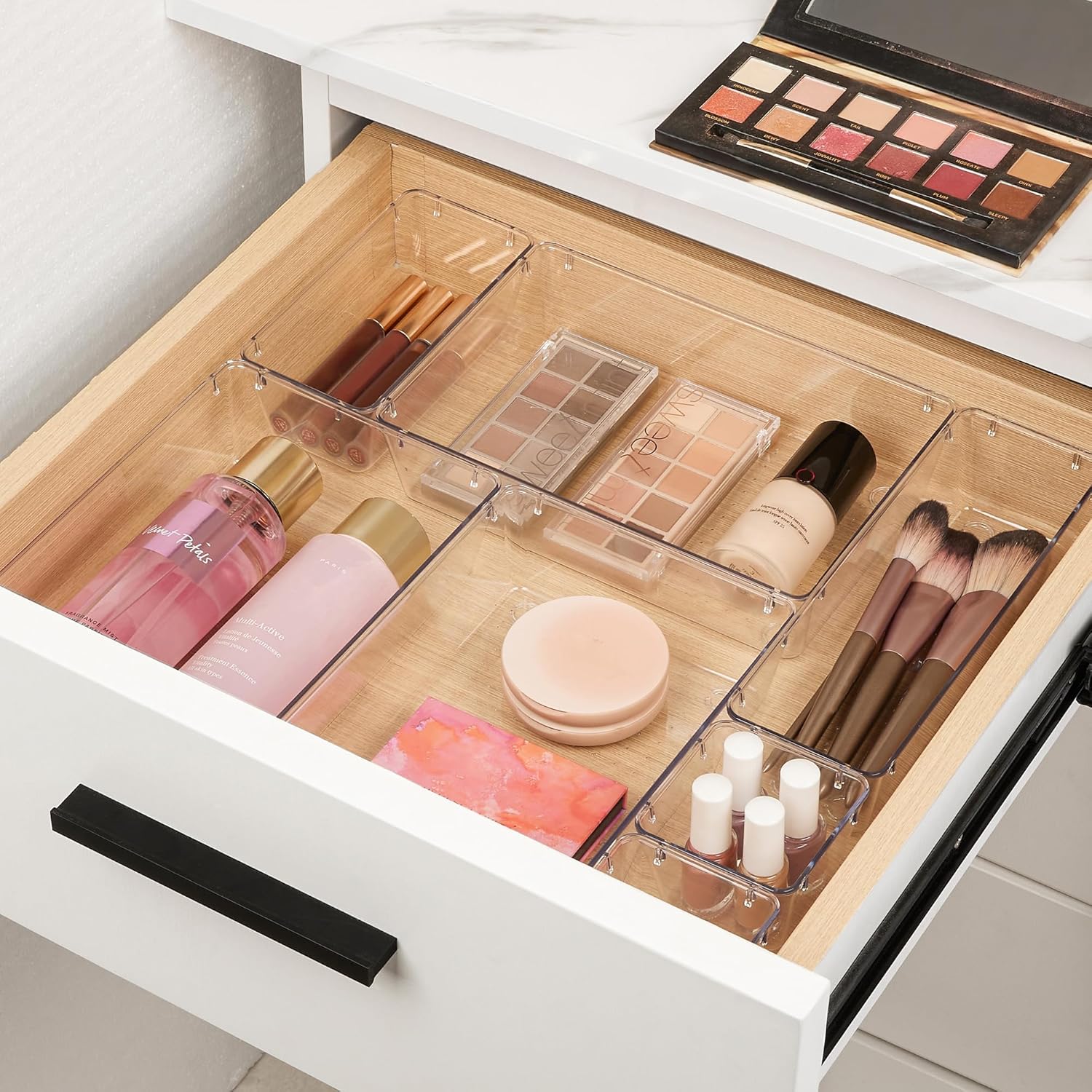 Private Label Vtopmart 10 Pcs Makeup Drawer Organizer Bins Set, 4 Size Plastic Makeup and Vanity Organizer Trays, Clear Acrylic Vanity Storage Containers for Cosmetics, Toiletries, Jewelry, Gadgets, Office Supply Factory Direct Price