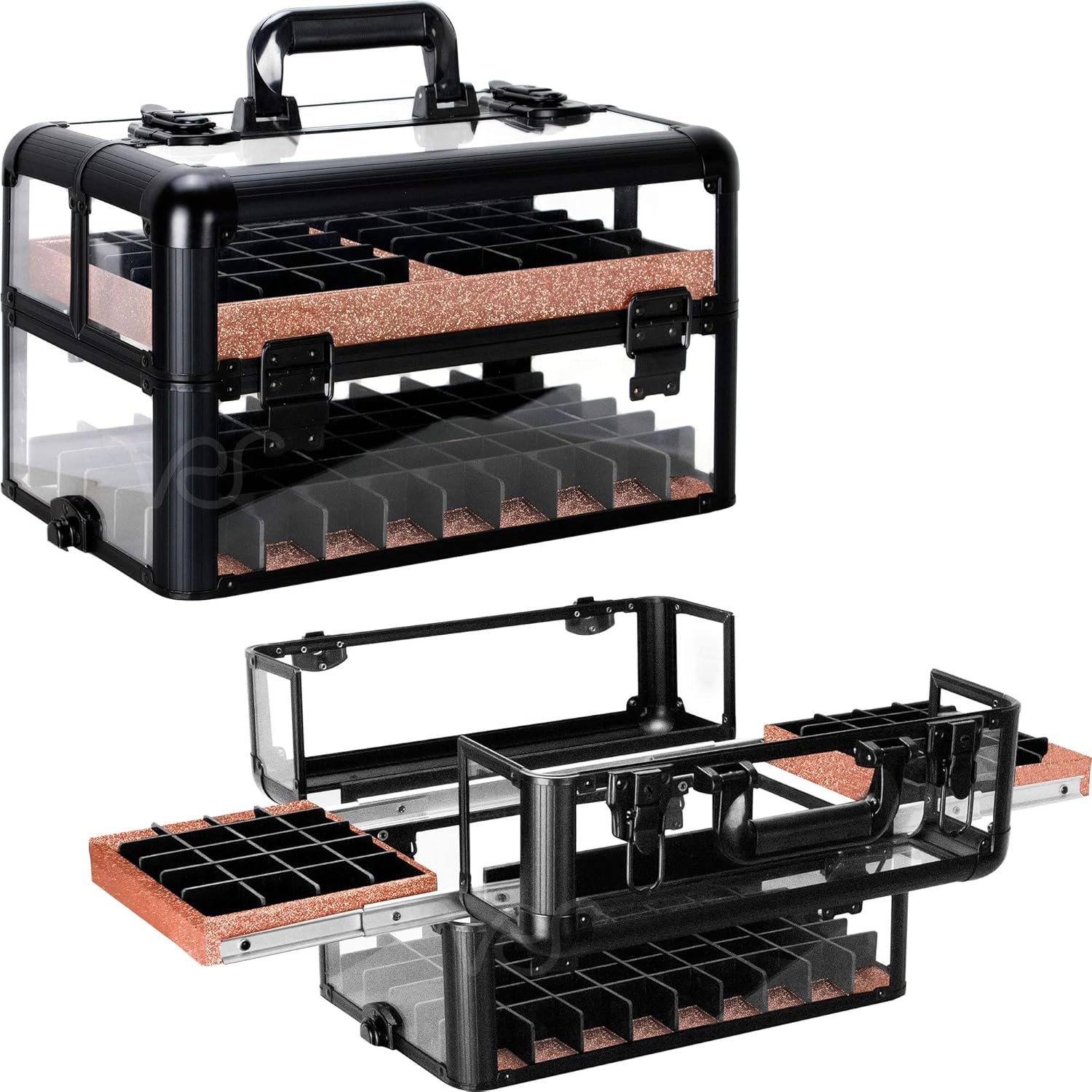Ver Beauty Professional Armored Clear Acrylic Makeup Travel Case with Wheels Nail Tech Organizer with 2 Sliding Trays Removable Dividers Lockable Portable Aluminum Box