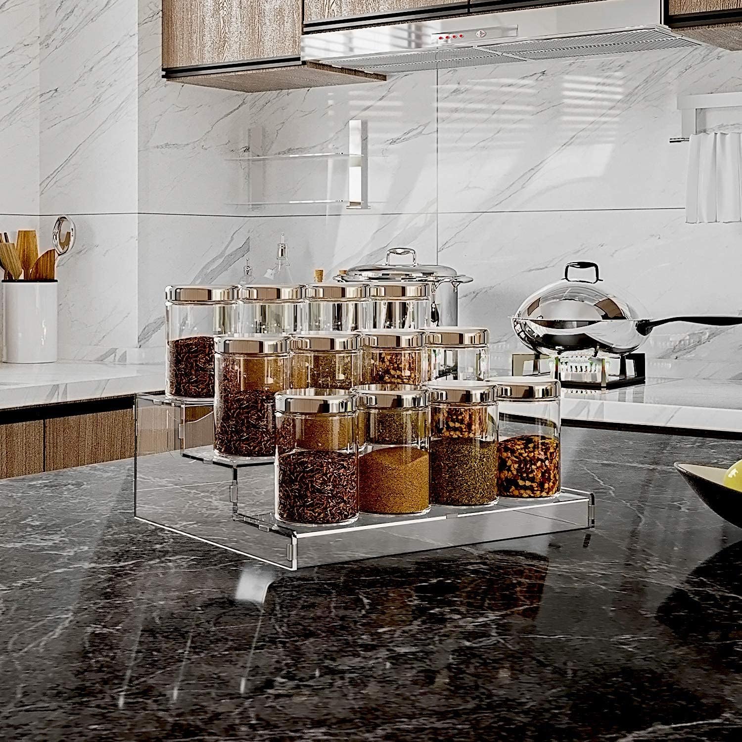 Private Label Evron Pantry Organization & Storage Clear Acrylic Spice Rack Organizer for Cabinet & Countertop (ASSEMBLY REQUIRED) 3 Tier Organizer 10.5 in Dropshipping Friendly