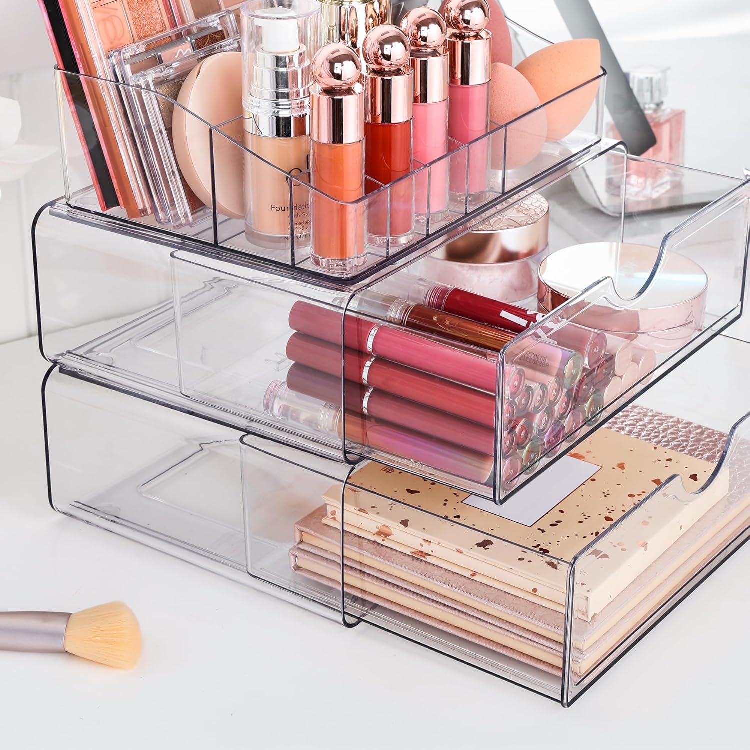 Private Label Vtopmart 3 Tier Clear Makeup Organizer with Drawer, Cosmetic Storage for Dresser Countertop and Bathroom Vanity, Beauty Holder for Lipstick Brush Skincare Factory Direct Price