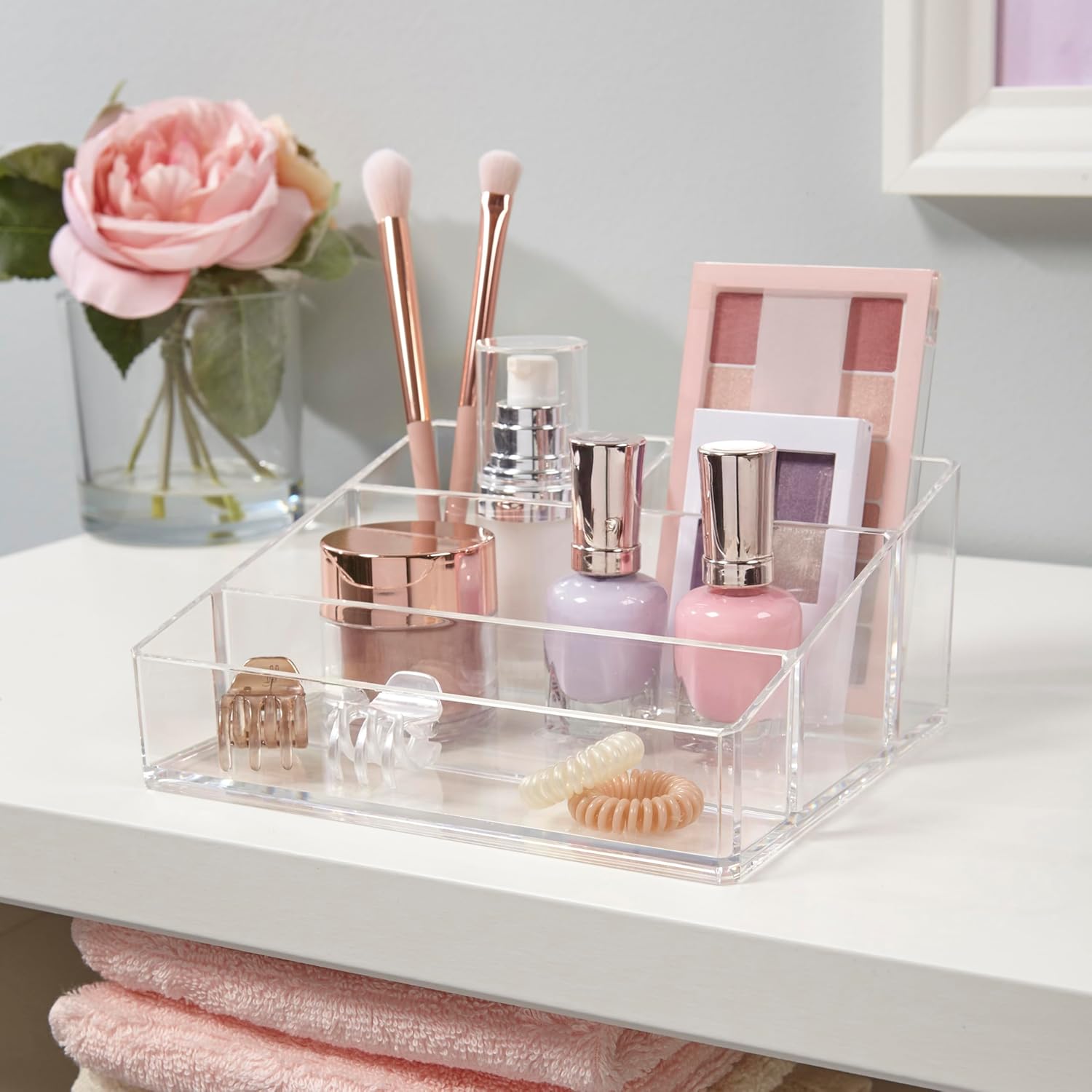 Private Label STORi Clear Plastic Vanity Makeup Organizer | Compact Rectangular 4-Compartment Holder for Brushes, Eyeshadow Palettes, & Beauty Supplies | Made in USA Custom Logo Service