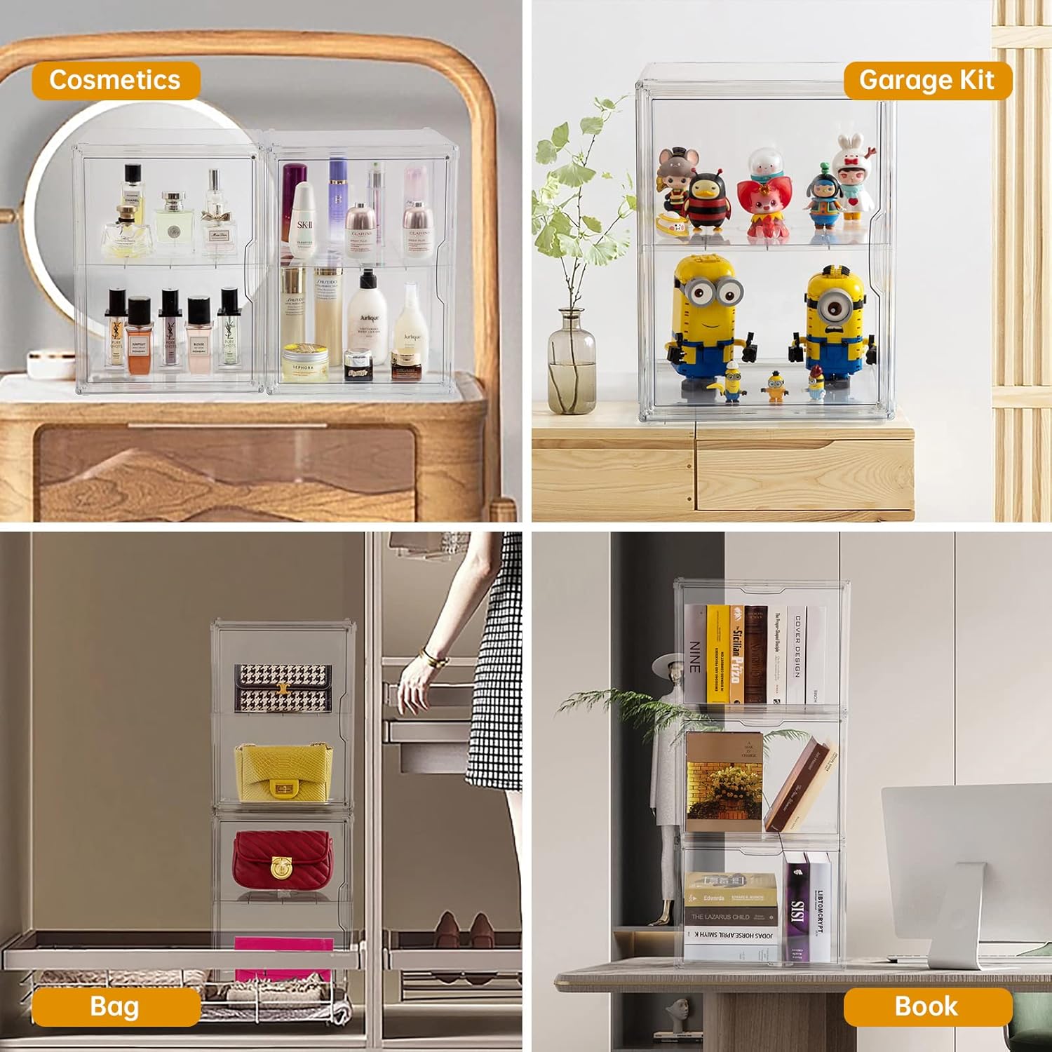 Wholesale OEM ODM X-Large 2 Tiers 14.2"X10.6"X8" Acrylic Display Case with 1 Division Board, Clear Organizer Box Plastic Holder with Magnetic Door for Loungefly Backpack, Handbags, Purses, Boots Factory & Supplier