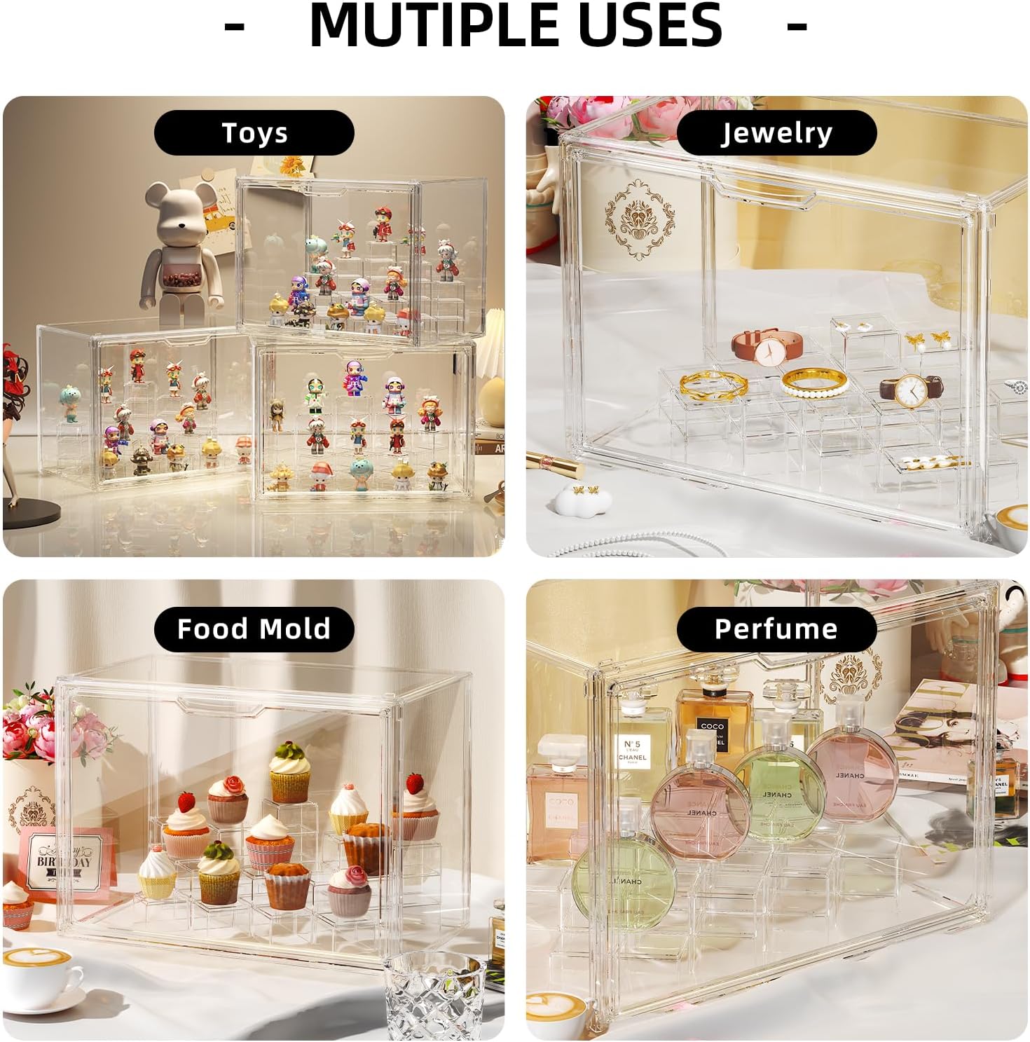 Wholesale OEM ODM JOYZAN Acrylic Display Case 2 Pack Display Boxes for Collectibles, Figure Display Case with Magnetic Door, Stackable Clear Box with Moveable Cylindrical Modules for Popmart, Funko, Doll Factory & Supplier