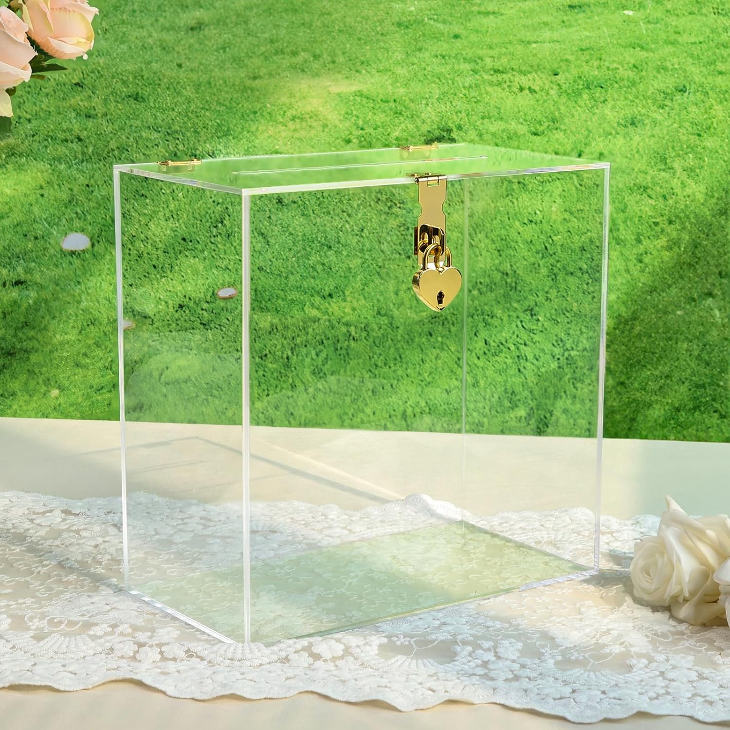 UNIQOOO Modern Clear Acrylic Card Box with Gold Heart Lock, Customize Thick Blank Wedding Box No Print w/Slot, Large 10x10x5.5 in, for Reception Decoration Fundraiser Wishing Well Box Election Ballot