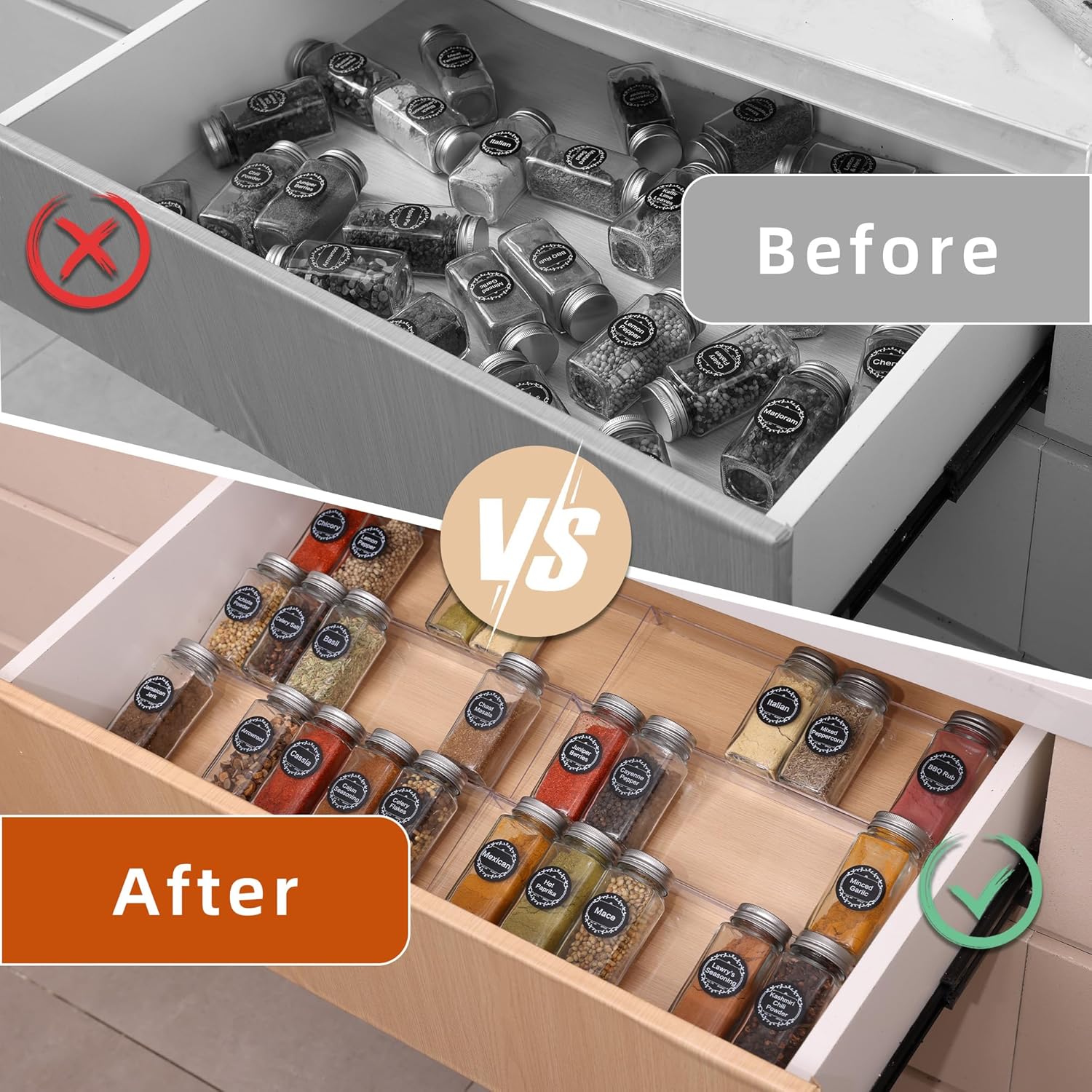 Private Label Goabroa Expandable Spice Organizer, 8 Pack 4 Tier Clear Spice Rack, 13" to 26" Wide, Kitchen Spice Organization for Drawer/Countertop Dropshipping Friendly