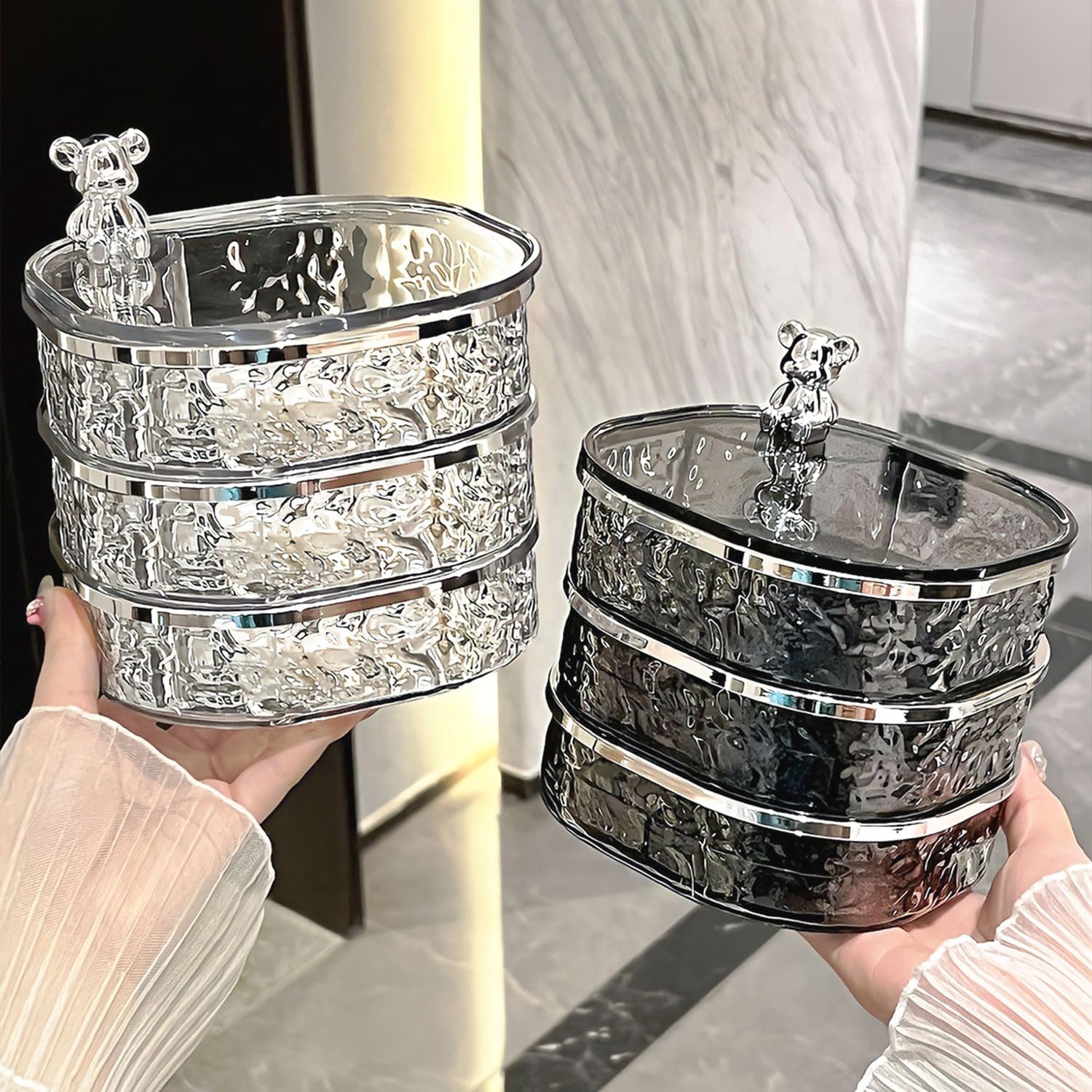 Direct Manufacturer Jewelry Organizer, 3 Layers Rotating Jewelry Box, Small Jewellery Box, Earring Holder with Lid for Earring Organizer, Various Compartments for Rings, Earrings, Necklace, Bracelets, Clear/Grey Low MOQ