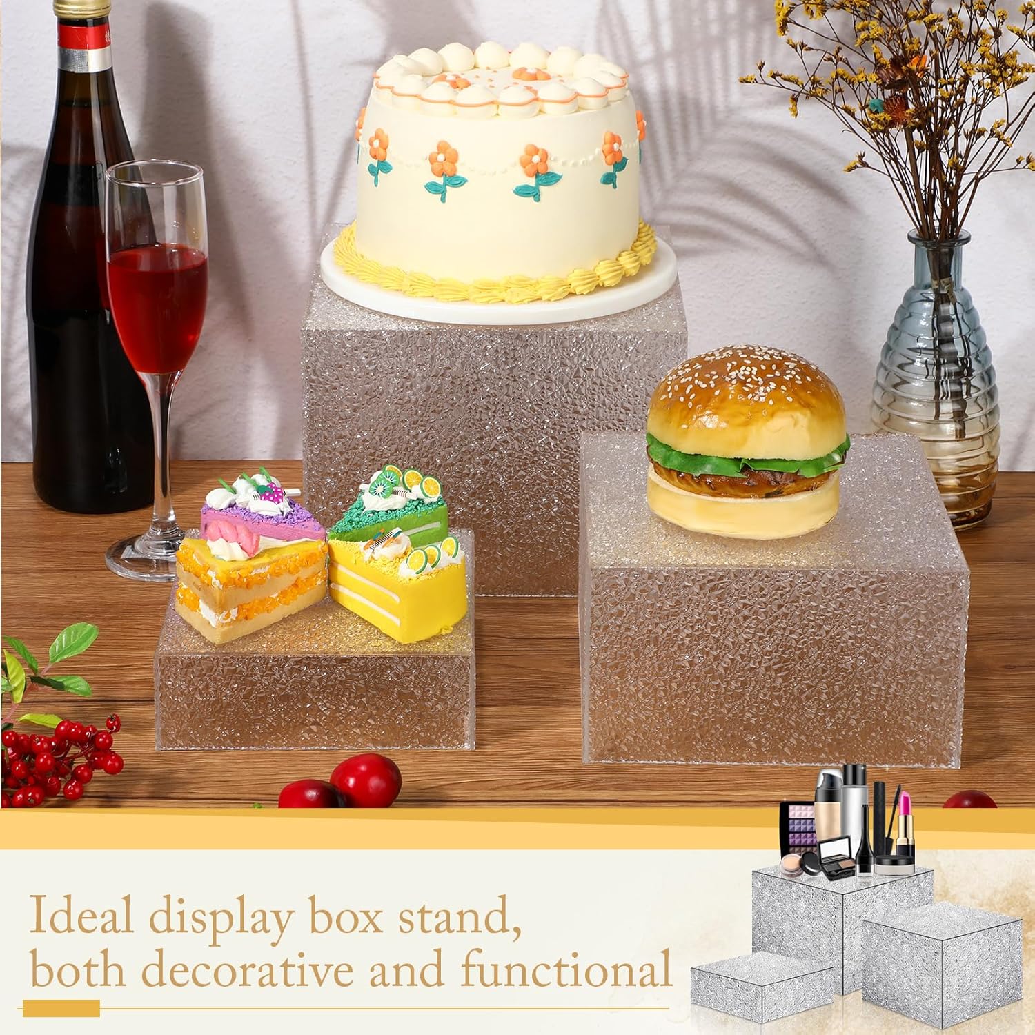 ODM Suzile 9 Pcs Food Risers Buffet Risers Acrylic Display Box Cube 5 Sided Clear Display Riser with Hollow Bottoms for Party, 8 x 8 x 6 Inch, 7 x 7 x 4 Inch, 6 x 6 x 2 Inch (Crushed Ice Pattern) Custom Logo Service