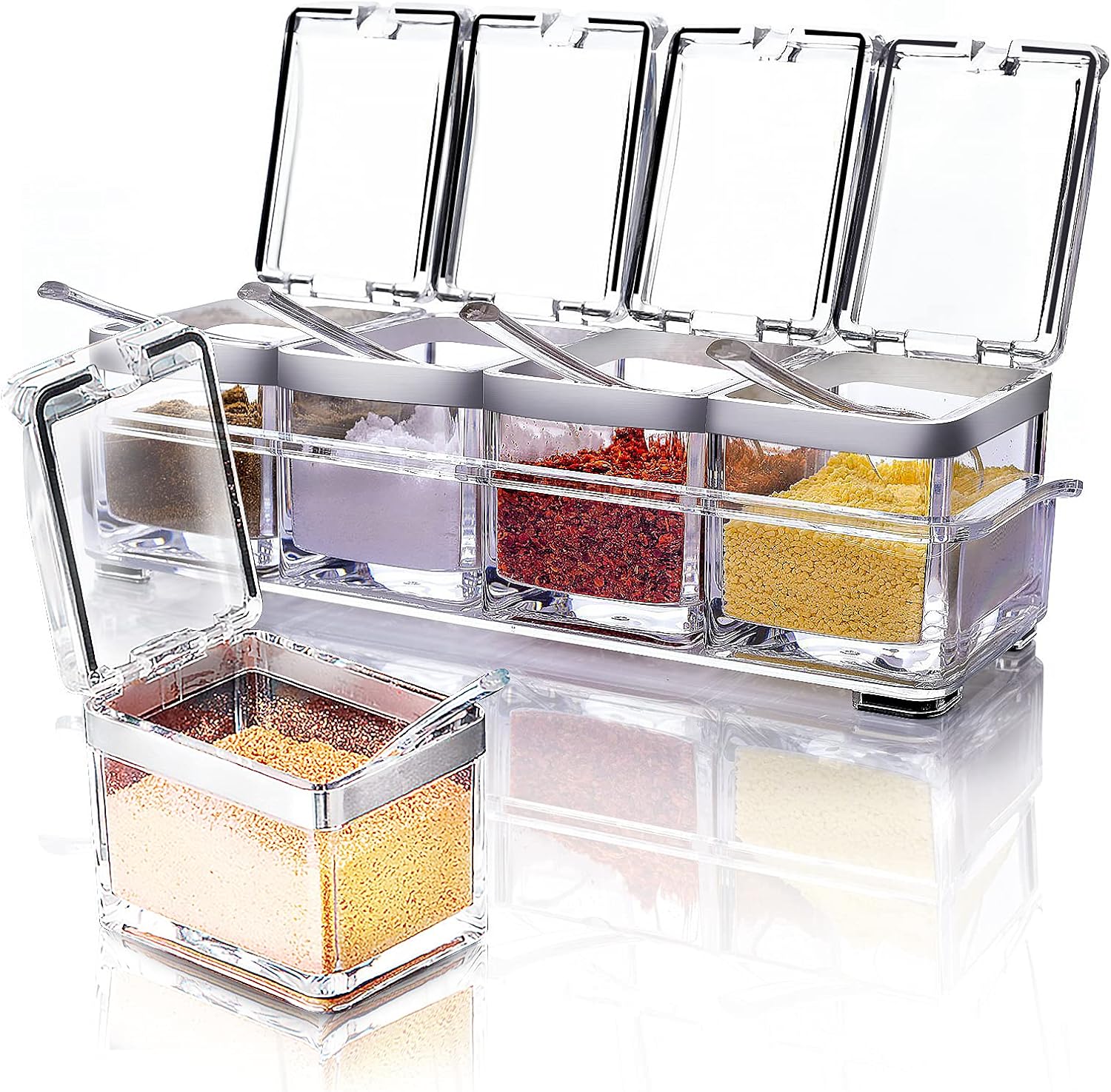 Acrylic Seasoning Box Set, 4 Piece Clear Premium Quality Storage Rack Spice Pots Condiment Jars for Salt Sugar Cruet Kitchen Organization Containers with Cover and Spoon