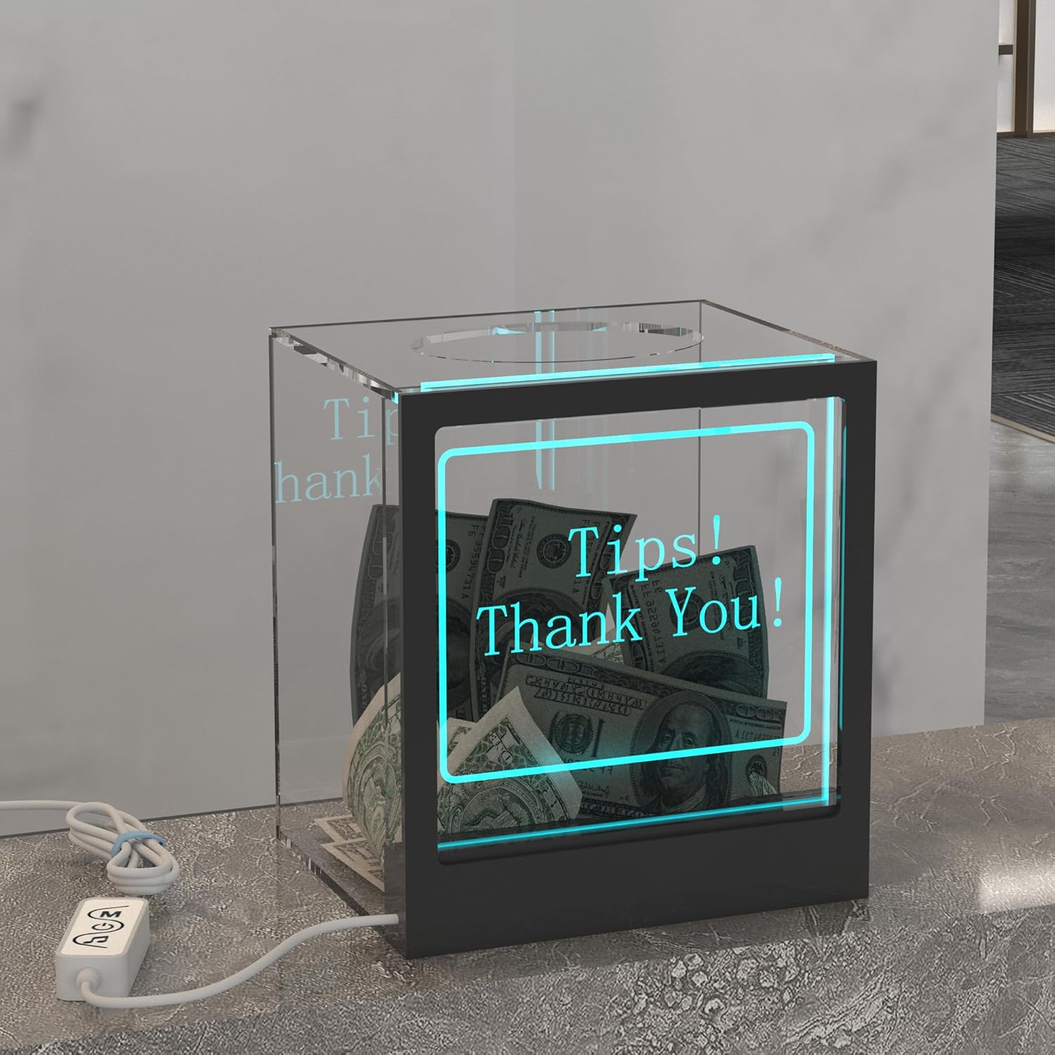 Private Label Lighted Up Tip Jar with Large Opening, Suggestion Box for Tip Collection & Donation, Hundreds Changing Colors LED Lights Tip Box with Customizable Message Sign for Money, Voting and Ballot Ecommerce Ready Product