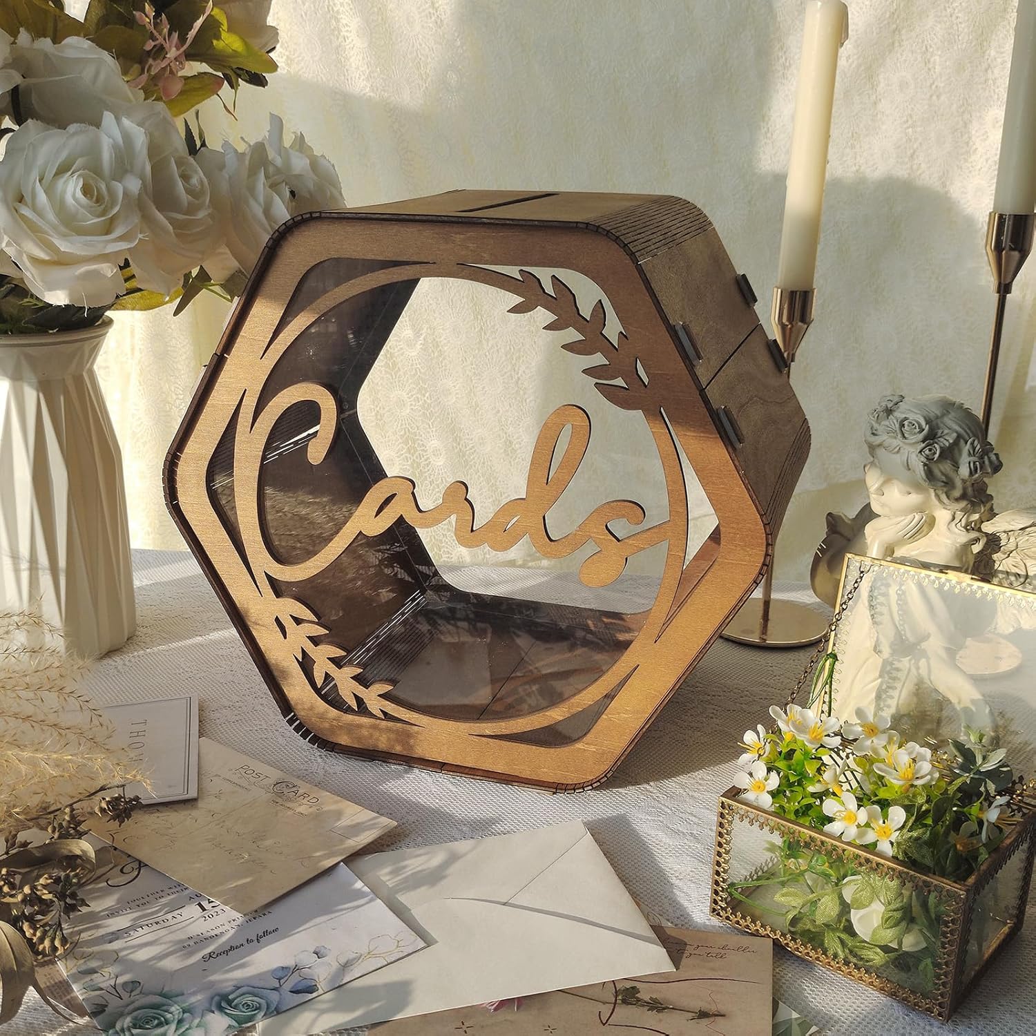 ODM OurWarm Wedding Card Box with Acrylic Window, Rustic Brown Hexagon Gift Card Box for Wedding Decorations for Reception, Wooden Money Keepsake Envelopes Box for Wedding Decor Birthday Baby Shower Party Custom Mold Development