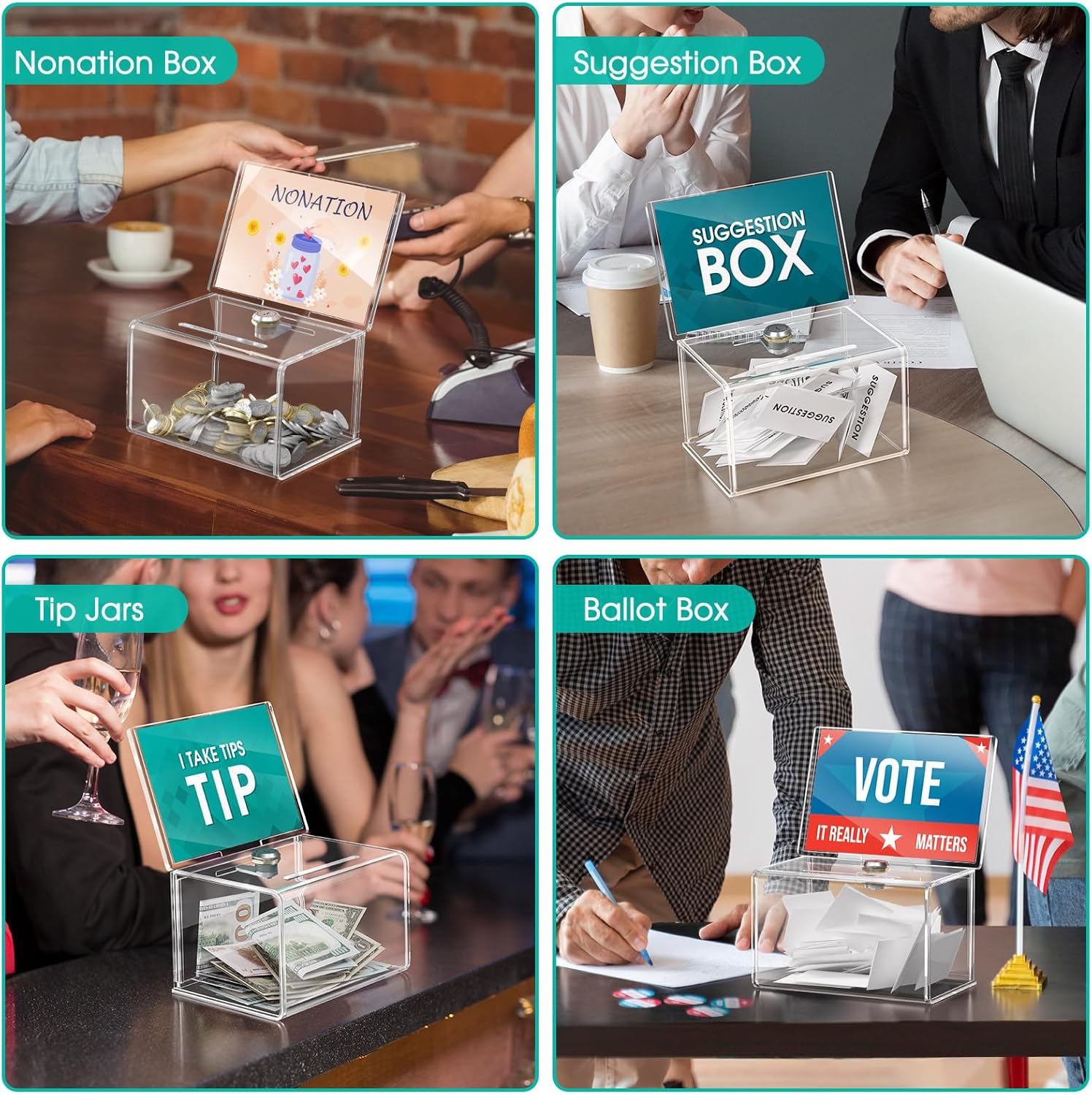 Private Label MaxGear Acrylic Donation Box with Lock and Sign Holder, Clear Ballot Box Donation Boxes for Fundraising (6.2" x 4.5" x 4") with Lock - Clear Custom Mold Development