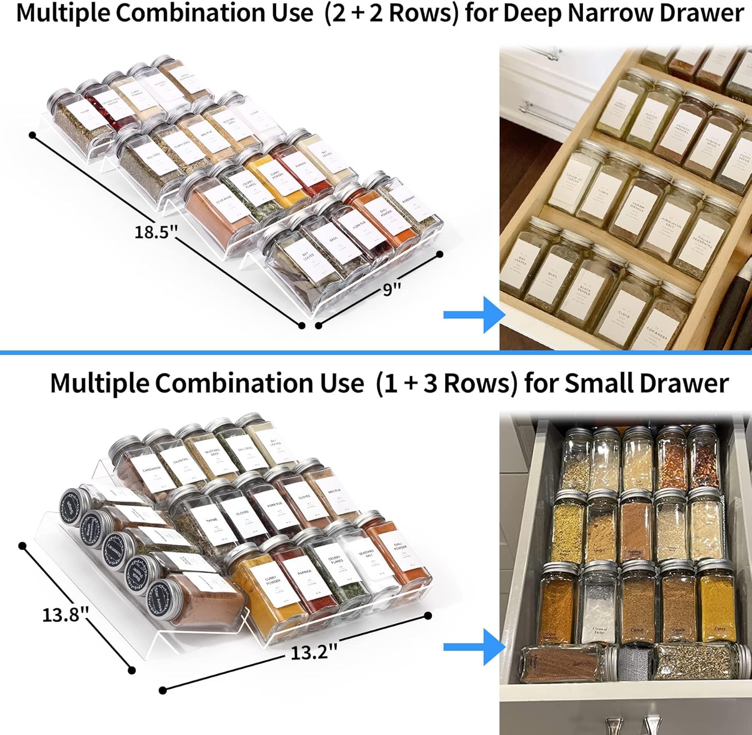 Private Label MIUKAA Clear Acrylic Spice Drawer Organizer, 4 Tier- 2 Set Expandable From 9" to 18" Seasoning Jars Drawers Insert, Kitchen Spice Rack Tray for Drawer/Countertop (Jars not included) Dropshipping Friendly