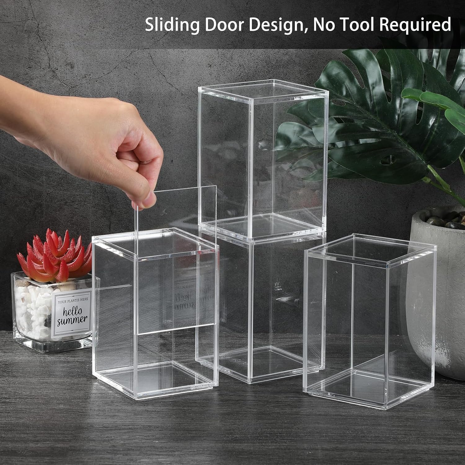 Wholesale OEM ODM JUXYES Pack of 4 Clear Display Case for Mini Action Figures, Acrylic Box With Sliding Door, Stackable Cube Small Showcase, Free Standing Collectibles Protection Factory & Supplier