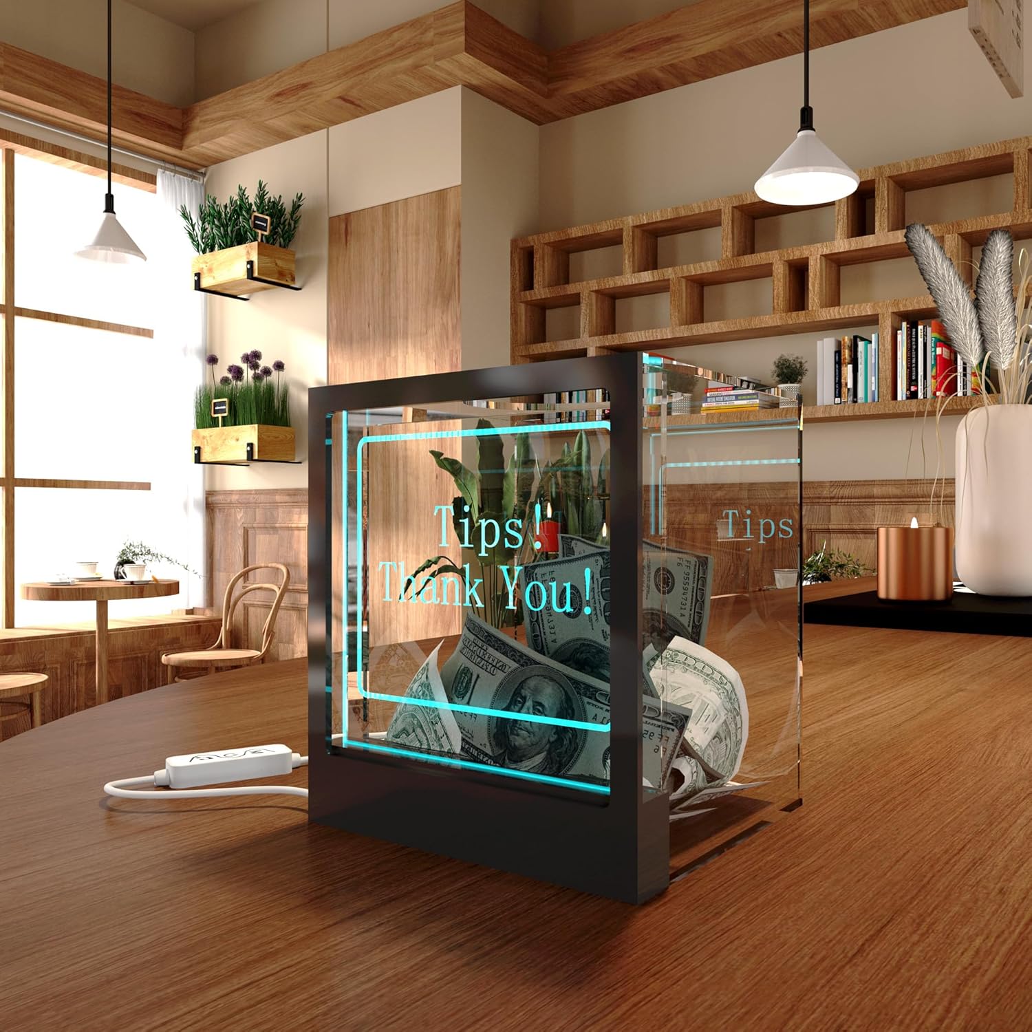 Private Label Lighted Up Tip Jar with Large Opening, Suggestion Box for Tip Collection & Donation, Hundreds Changing Colors LED Lights Tip Box with Customizable Message Sign for Money, Voting and Ballot Ecommerce Ready Product