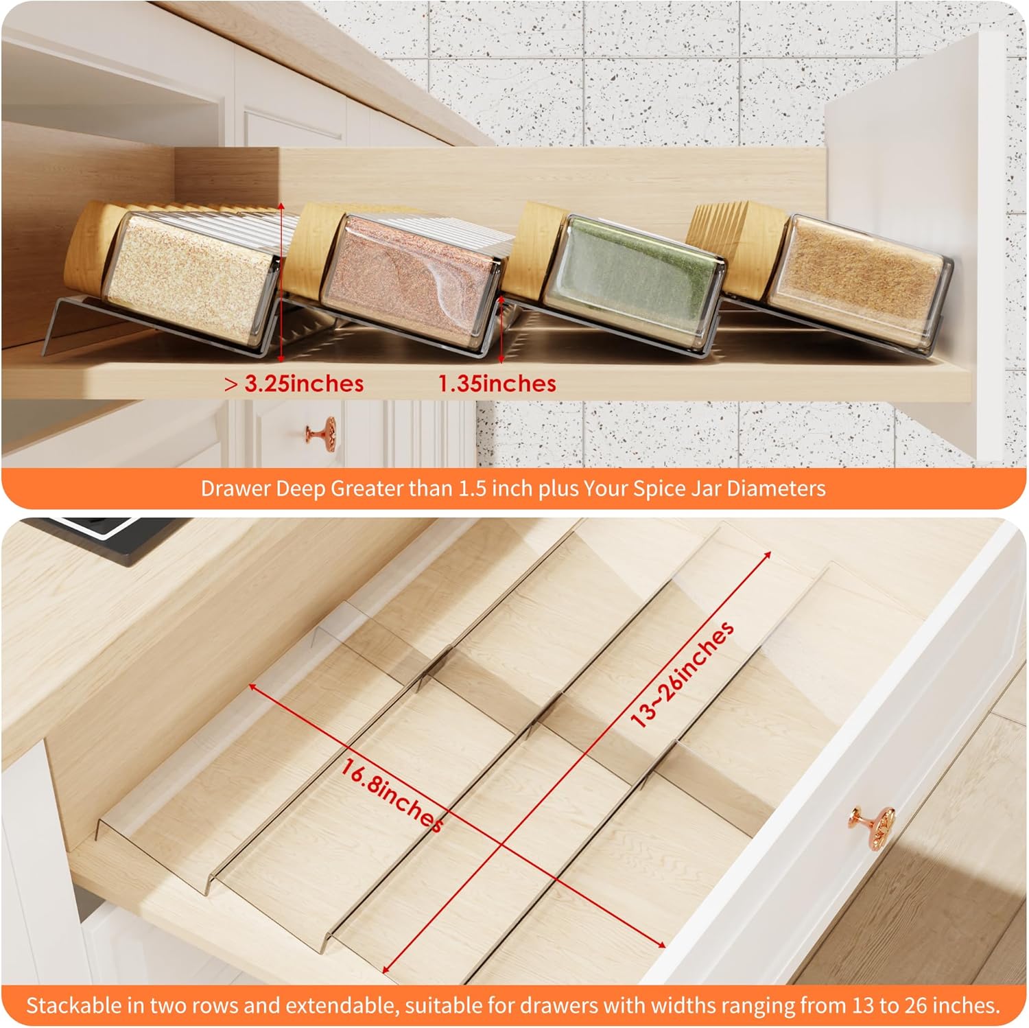 Private Label Spice Drawer Organizer, 4 Tier Clear Acrylic Expandable From 13" to 26" Seasoning Jars Drawer Insert, Kitchen Drawer Spice Rack Tray for Cabinet/Countertop Dropshipping Friendly