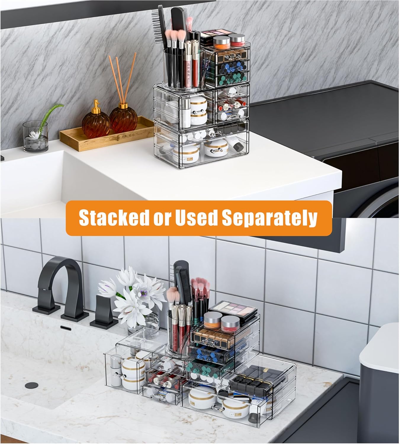 Private Label 3 Pack Clear Makeup Organizer Countertop,9 Drawers Bathroom Vanity Organizer with Make up Brush Holder,Make up Organizers for Counter,Skincare Organizers for Dresser Top Beauty,Hair Product Organizer Factory Direct Price