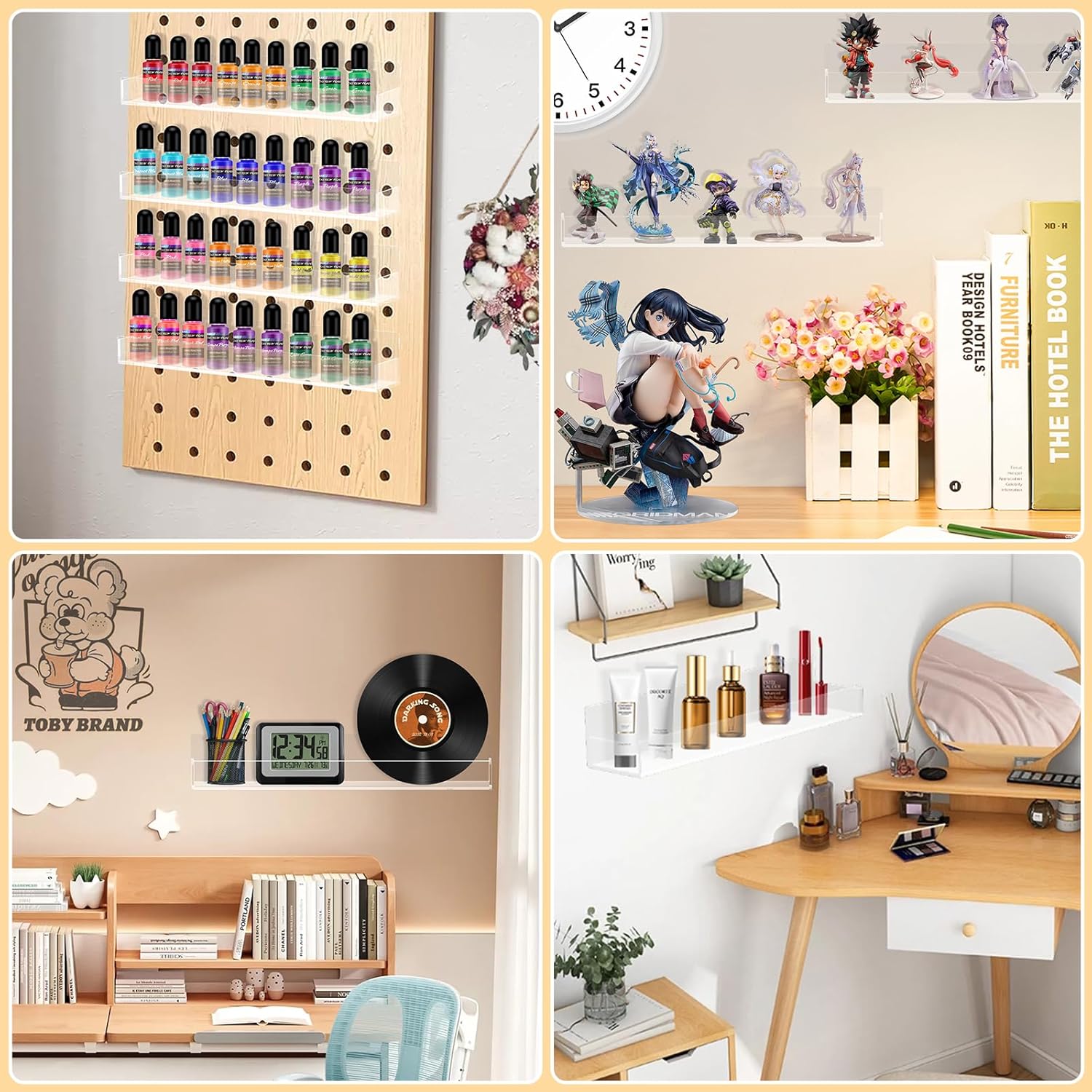 Private Label Acrylic Spice Rack Wall Mount 15 Inch Clear Floating Shelves Invisible Hanging Kids Bookshelf for Kitchen Office Bathroom (2 Pack) Dropshipping Friendly