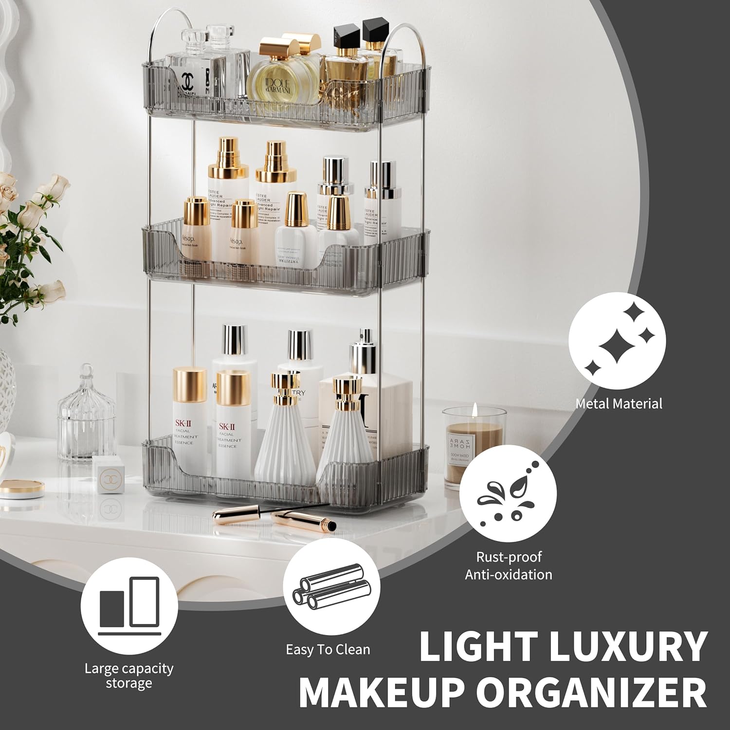 Private Label 3 Tier Bathroom Organizer Countertop Makeup Perfume Tray Skincare Organizer for Bathroom Dresser Vanity (Grey) Factory Direct Price