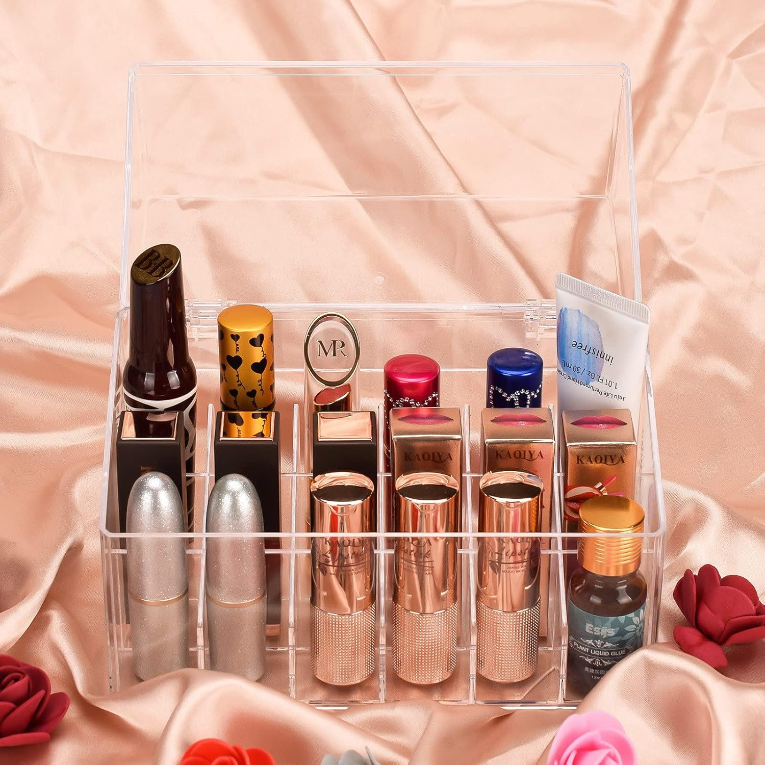 Private Label ATOMUS Lipstick Holder Display Case, 18 Slots Lipstick Organizer Storage with Dust Cover Transparent Acrylic Cosmetic Makeup Lipgloss Rack Holder Custom Logo Service