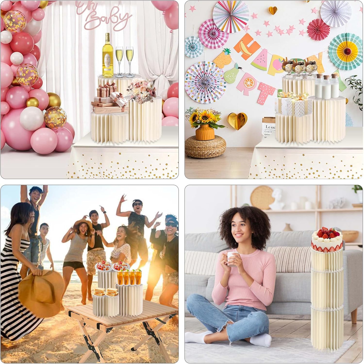Private Label 3PCS Cylinder Pedestal Stands for Party with Acrylic Disc, Round Table Centerpiece Cake Pedestal Stand for Parties Foldable Paper Columns Pillars Display for Parties Wedding Birthday Decor 4/3/2 OEM Wholesale Manufacturer