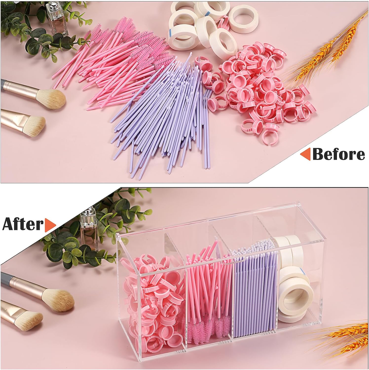 Private Label ELLDOO Lash Extension Organizer Box with Lid, Acrylic Eyelash Supplies Organizer Storage Box, 4 Compartments Bathroom Supplies Storage Container for Cotton Swabs, Balls, Pads, Floss Picks Custom Logo Service