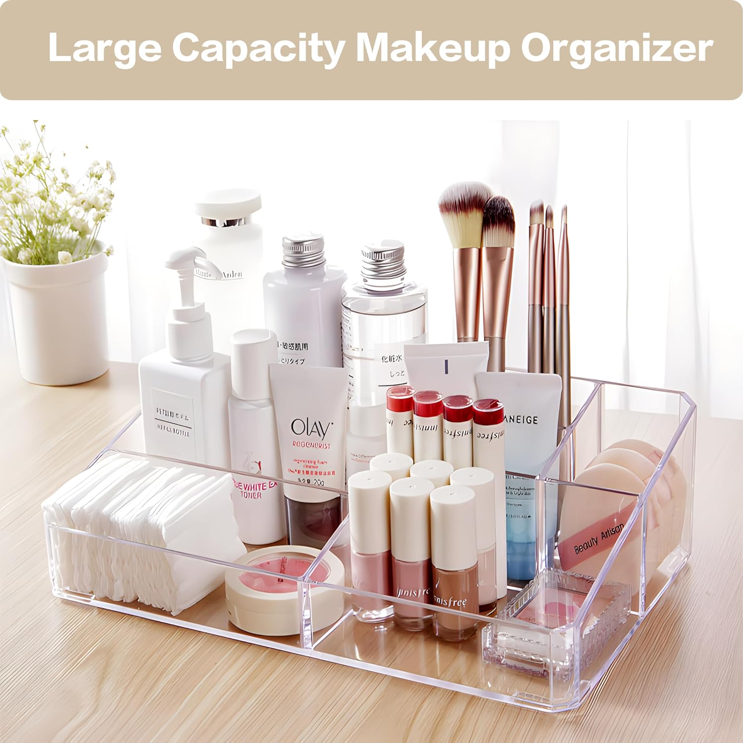 Private Label Clear Makeup Organizer, Makeup Brushes Storage Case, Cosmetic Display Case Tray, Tiered Skincare Organizer, Acrylic Lipstick Holder Countertop Desk Brush Organizer for Bedroom Vanity Custom Logo Service