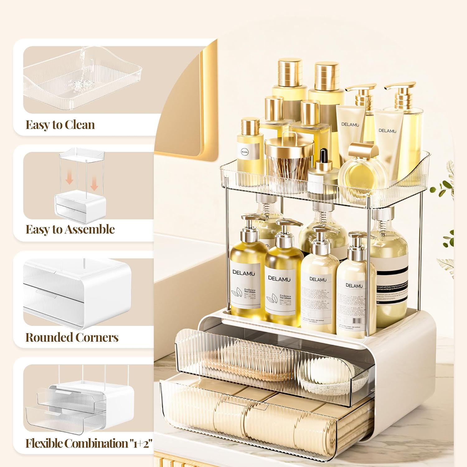 Private Label Delamu Bathroom Counter Organizer 2-Drawers 2-Tier Acrylic Makeup Organizer for Vanity Countertop, Skincare Perfume Storage, Easy Assembly, Ideal Gift for Women, Bath Linen Sets, Clear Factory Direct Price