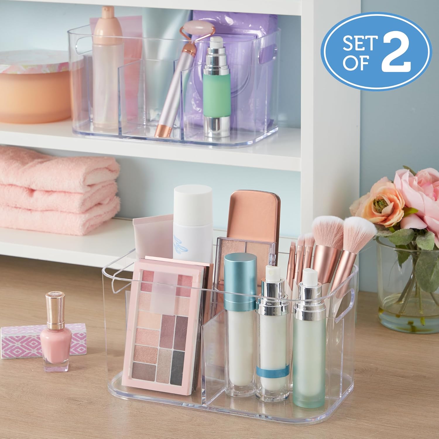 Private Label STORi Bliss 5-Compartment Plastic Cosmetics Storage Organizer, Set of 2 | Clear | Rectangular Divided Makeup Bin & Vanity Caddy with Pass-Through Handles | Round Corner Design | Made in USA Custom Logo Service