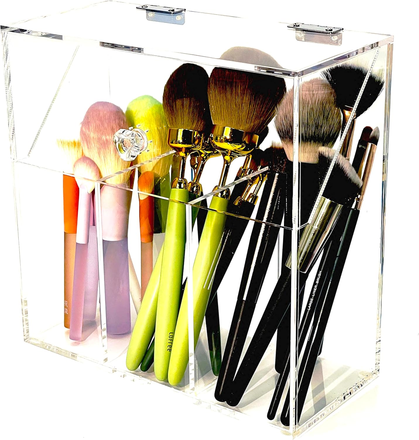 Acrylic Makeup Organizer,Clear Cosmetic Brush Storage Box With 3 Brush Holders,Makeup Brush Holderwith Dust Cover, Large-capacity Split Design Can Quickly Organize the Desktop（No pearls）