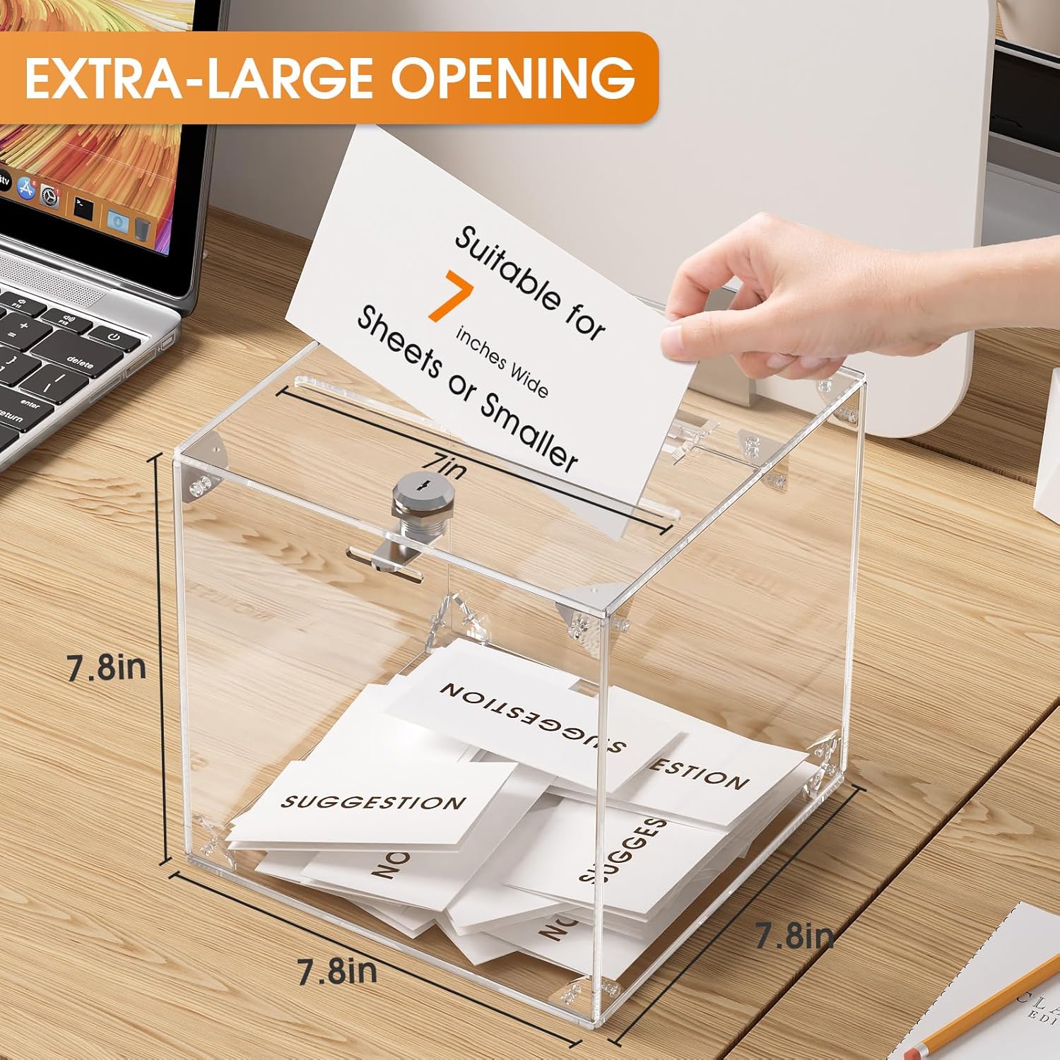 Private Label MaxGear Acrylic Donation Box with Lock 1 Pack, 7.8"x7.8"x7.8" Large Ballot Suggestion Box, Square Case for Fundraising, Donations Custom Mold Development