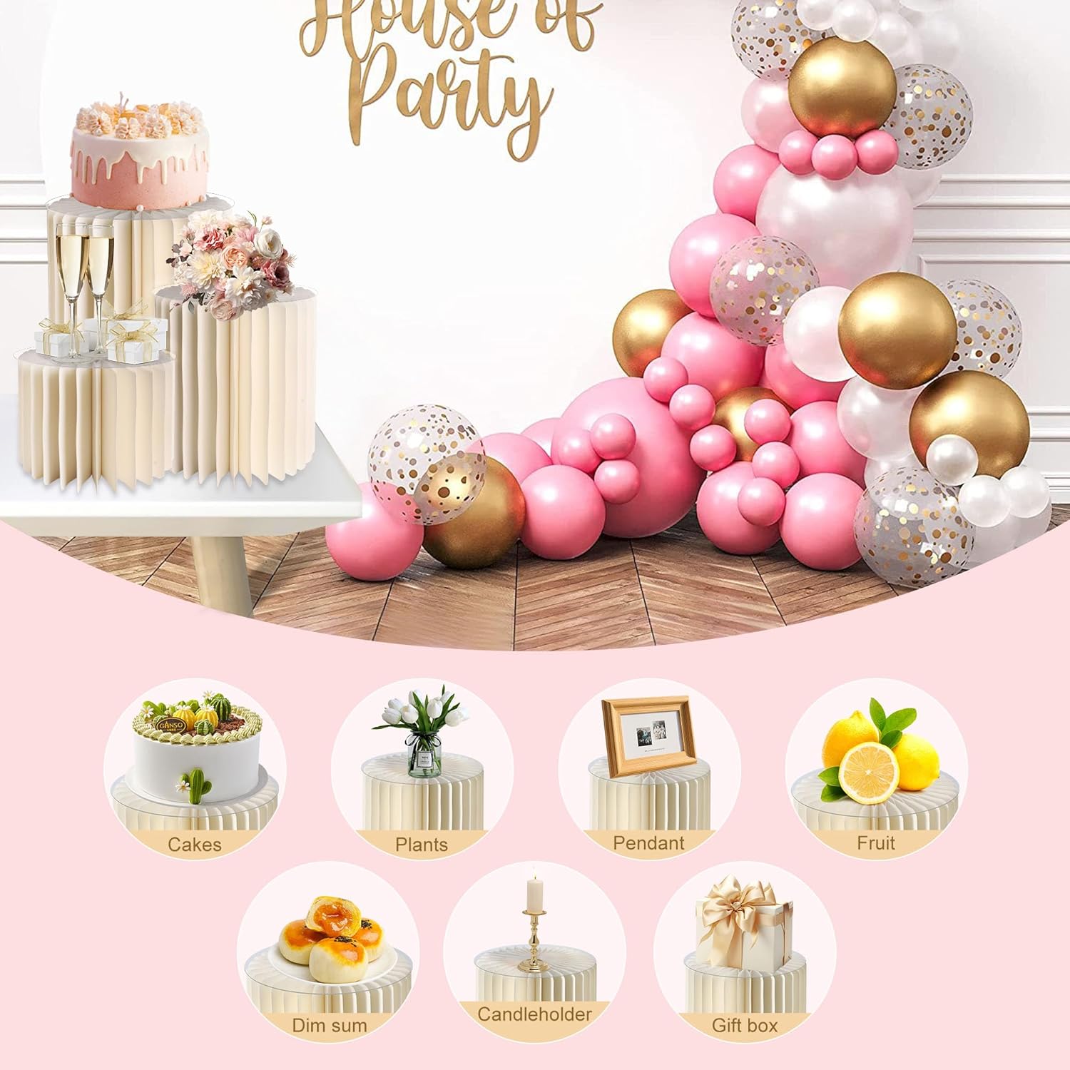 Private Label 3PCS Cylinder Pedestal Stands for Party with Acrylic Disc, Round Table Centerpiece Cake Pedestal Stand for Parties Foldable Paper Columns Pillars Display for Parties Wedding Birthday Decor 4/3/2 OEM Wholesale Manufacturer