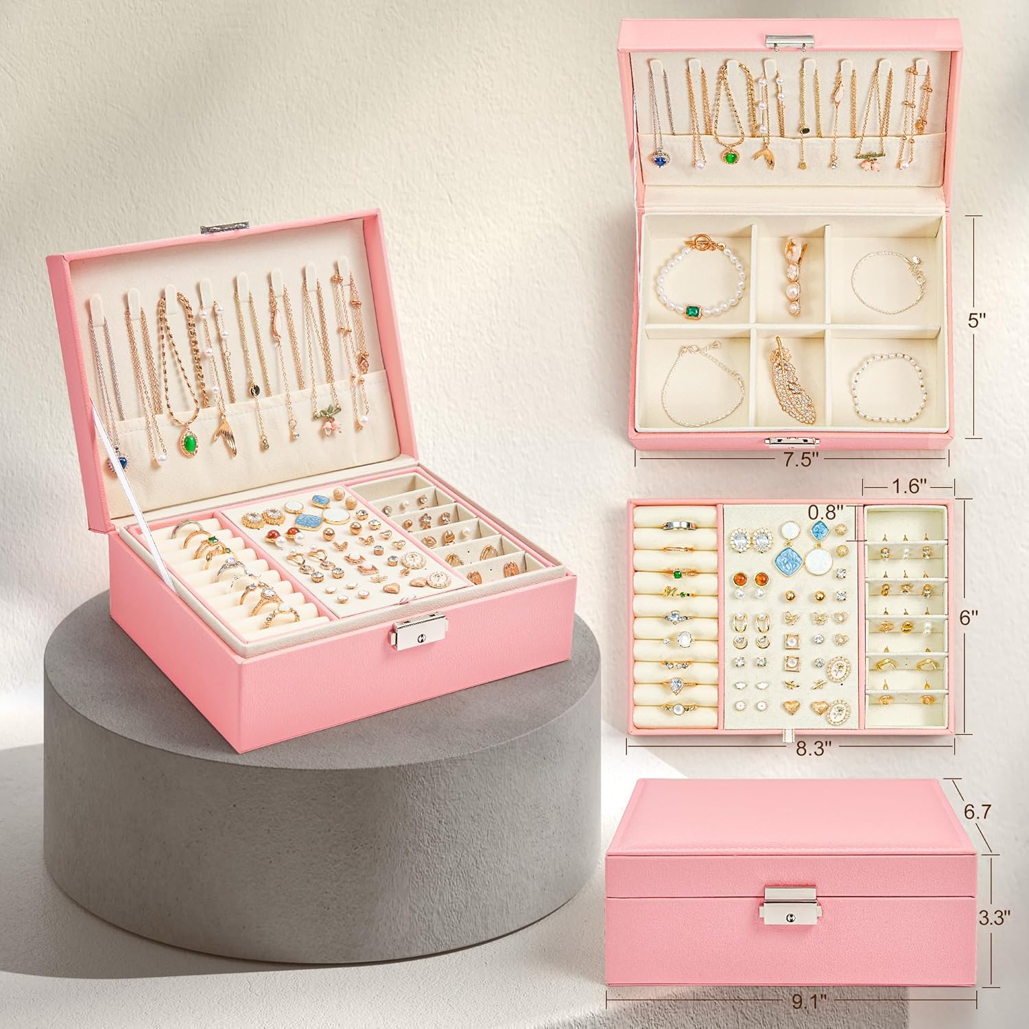Direct Manufacturer DreamGenius Jewelry Box for Women with Security Latch, 2-Layer Jewelry Organizer with Removable Tray for Necklaces and Earrings Holder Organizer, Pink Low MOQ