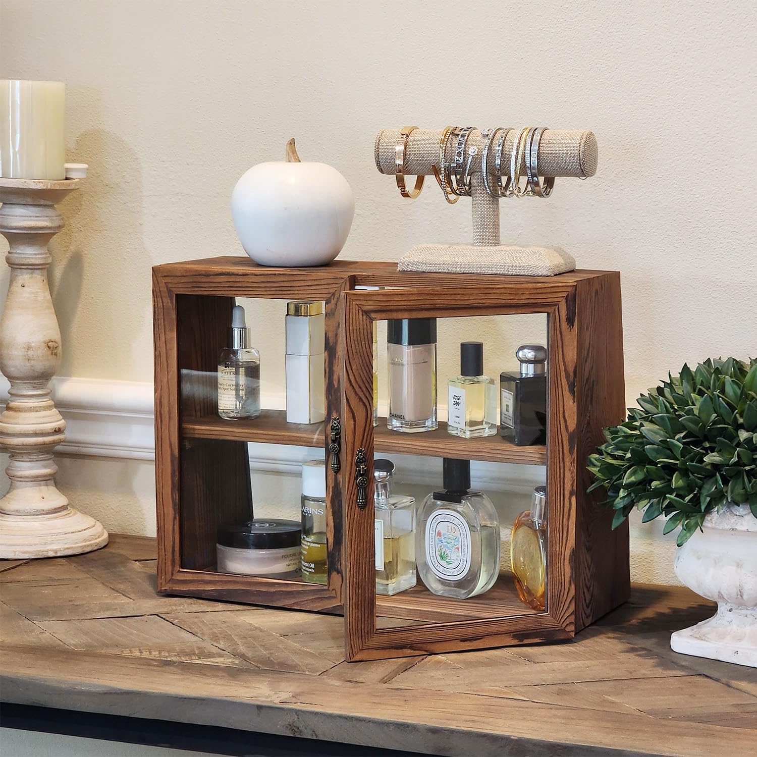 Wholesale OEM ODM MOOCA Tempered-Glass Wood Display Case with Double Doors, Adjustable 2-level Collection Display Case for Mini Funko Pop Figures, Bakery Pastry Container, Jewelry Organizer Storage, Brown Color Factory & Supplier