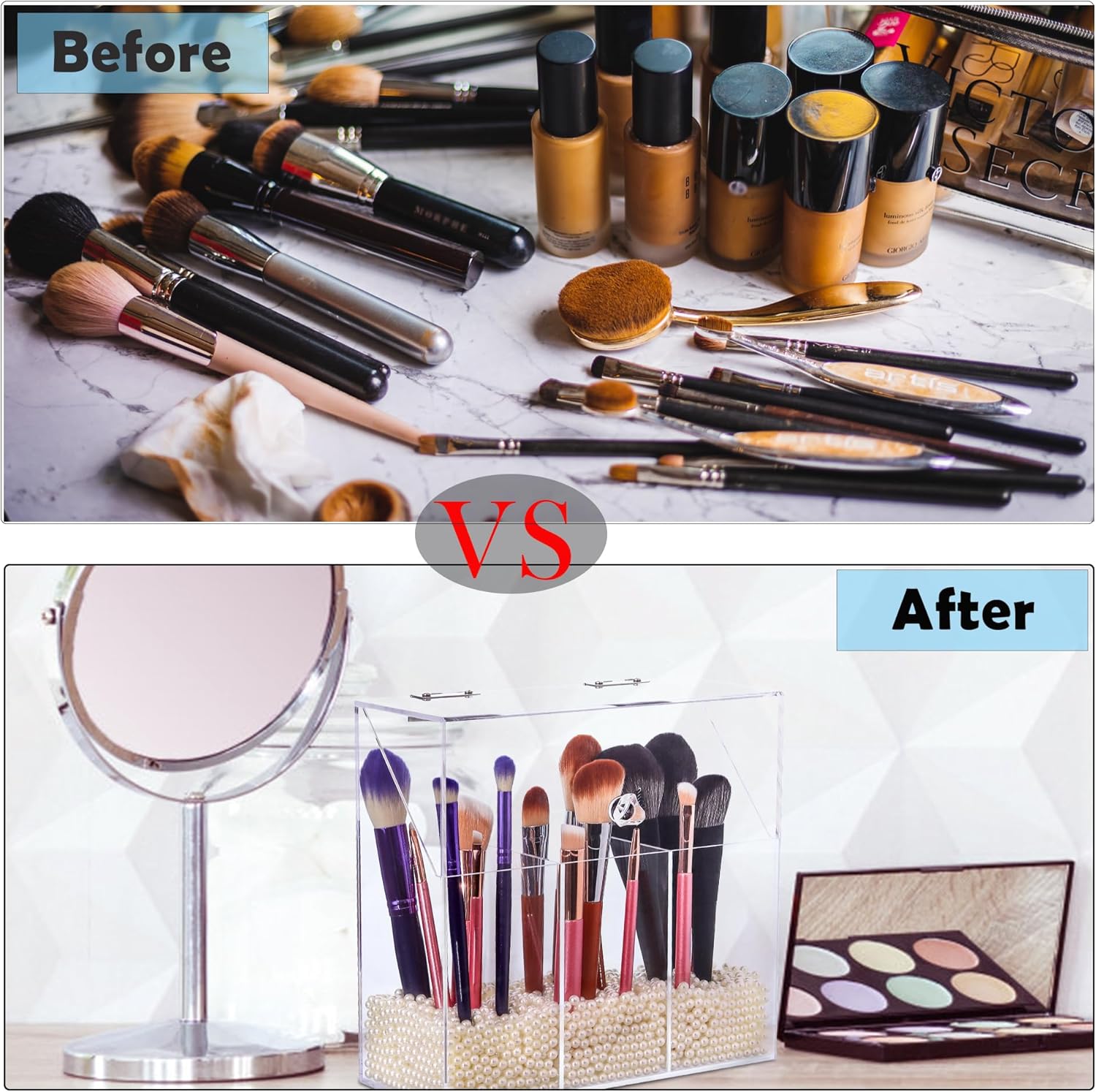 Private Label Acrylic Makeup Brush Holder with Lid - Clear Cosmetic Makeup Brush Organizer and Storage Box with Cover for Vanity - Large Capacity 3-Slots Container for Brushes (Clear) Custom Logo Service