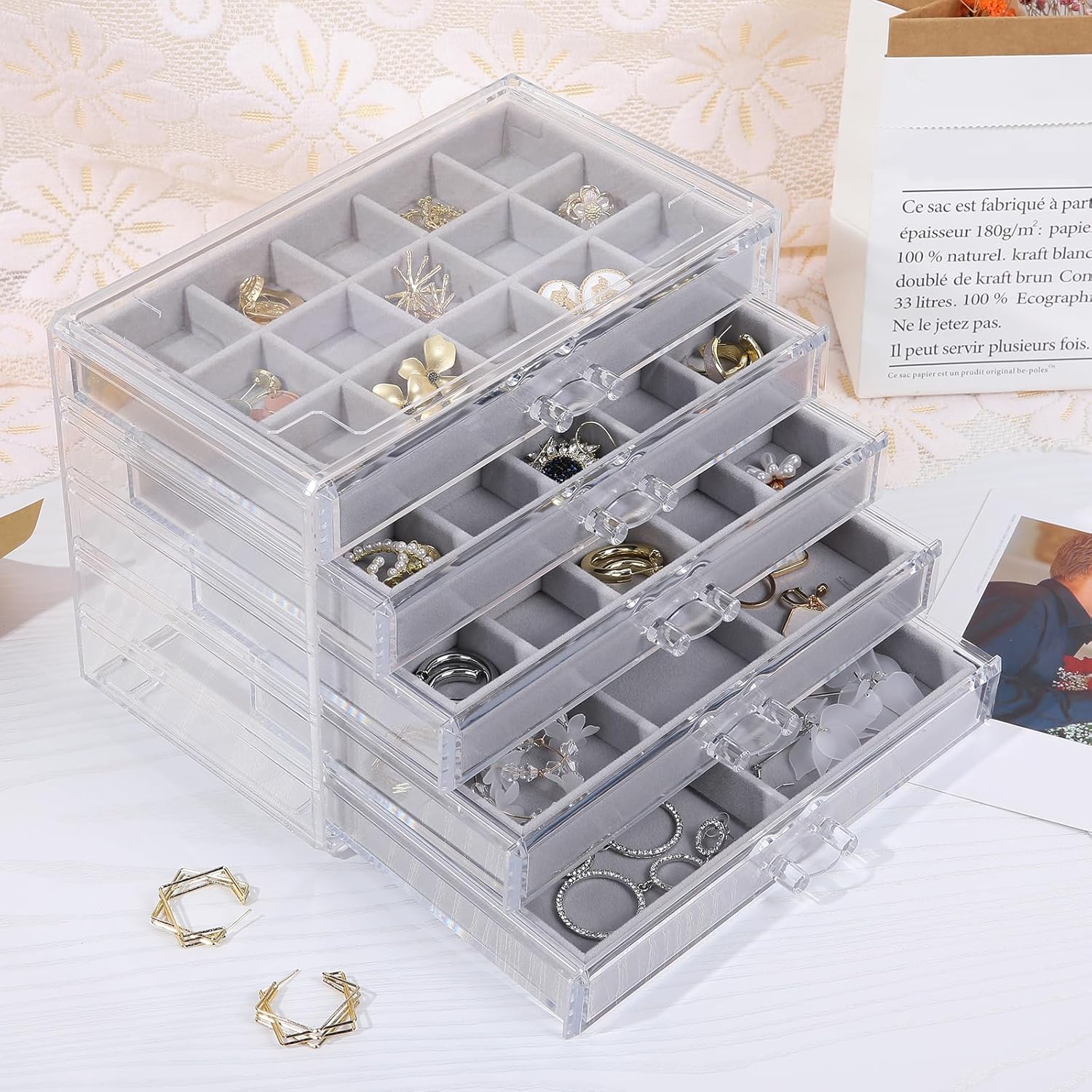 Direct Manufacturer misaya Earring Jewelry Organizer with 5 Drawers, Birthday Present, Clear Acrylic Jewelry Box for Women, Velvet Earring Display Holder for Earrings Ring Bracelet Necklace, Gray Low MOQ