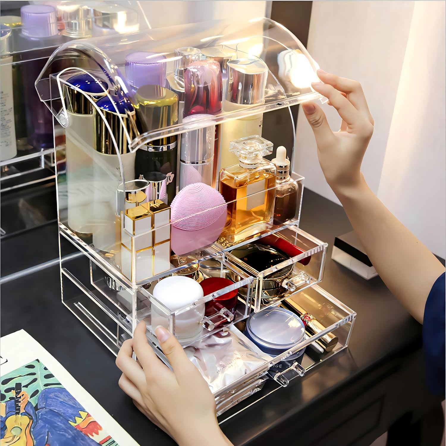 Private Label Large Acrylic Makeup Organizer With Lid Portable Dustproof And Waterproof Cosmetic Storage Drawers Box For Women (Clear, 12.5in x 9.5in x 6.3in) Custom Logo Service