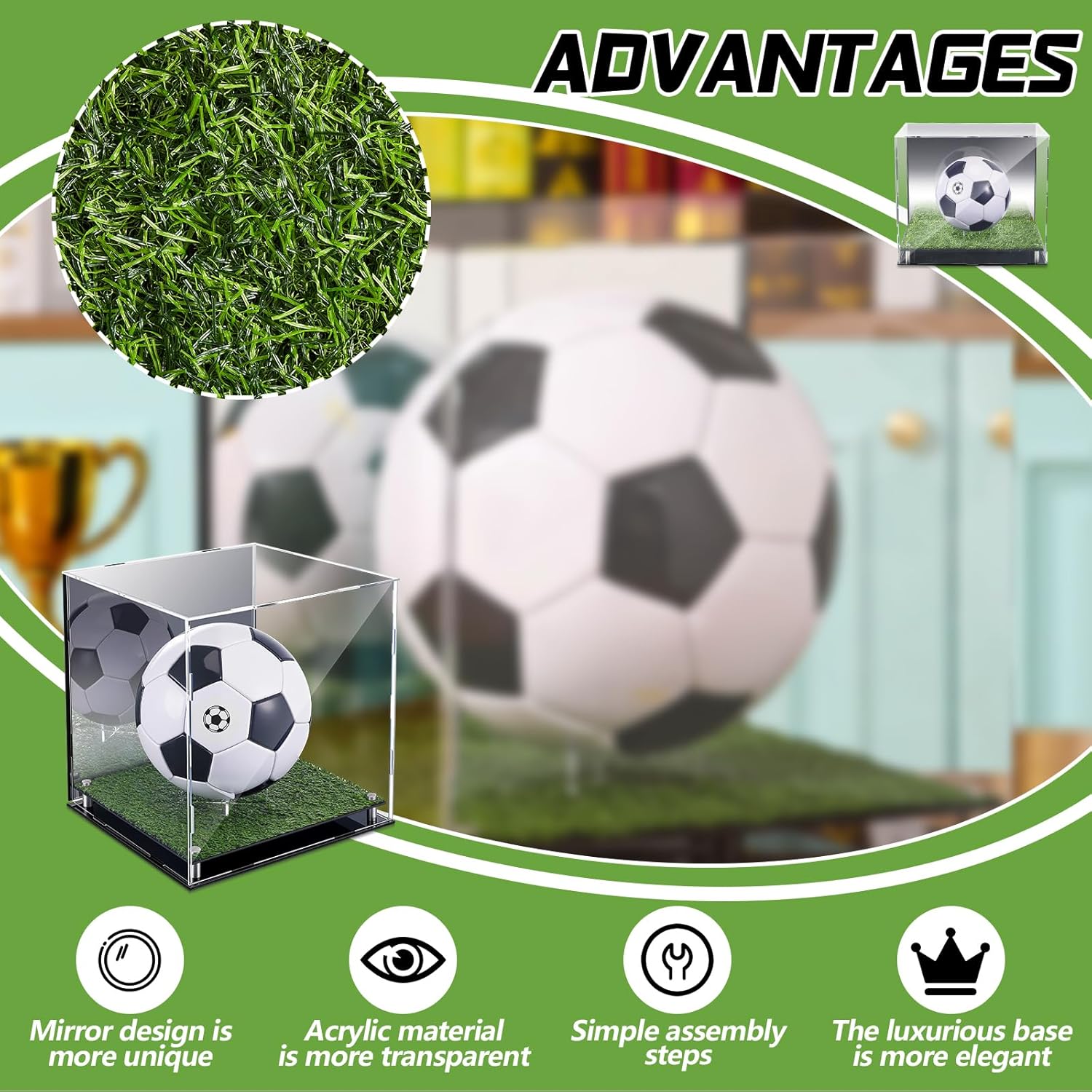 ODM Geelin Soccer Ball Display Case 12" x 11" x 10.5" Acrylic Clear Display Case Box with Mirror Back and Turf Grass, Storage Cube for Soccer Ball Collectibles Sports Memorabilia Collector Gift Custom Logo Service