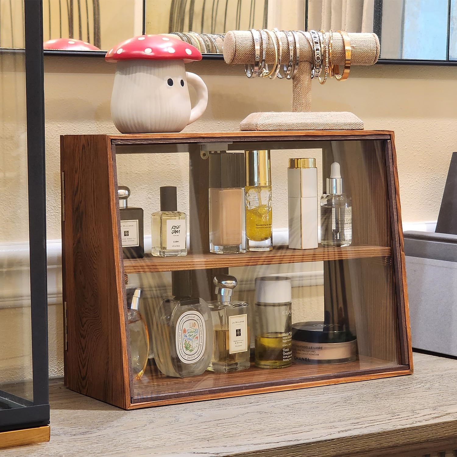 Wholesale OEM ODM MOOCA Tempered-Glass Wood Display Case with Double Doors, Adjustable 2-level Collection Display Case for Mini Funko Pop Figures, Bakery Pastry Container, Jewelry Organizer Storage, Brown Color Factory & Supplier