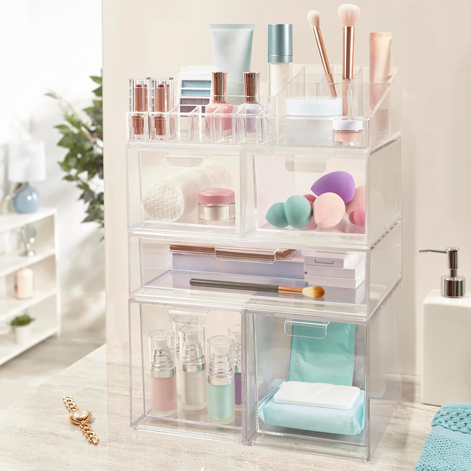 Private Label STORi Audrey Clear Vanity Makeup Organizer | 15-Compartment Holder for Brushes, Eyeshadow Palettes, & Beauty Supplies | Stacks on Audrey Storage Drawers | Made in USA Factory Direct Price